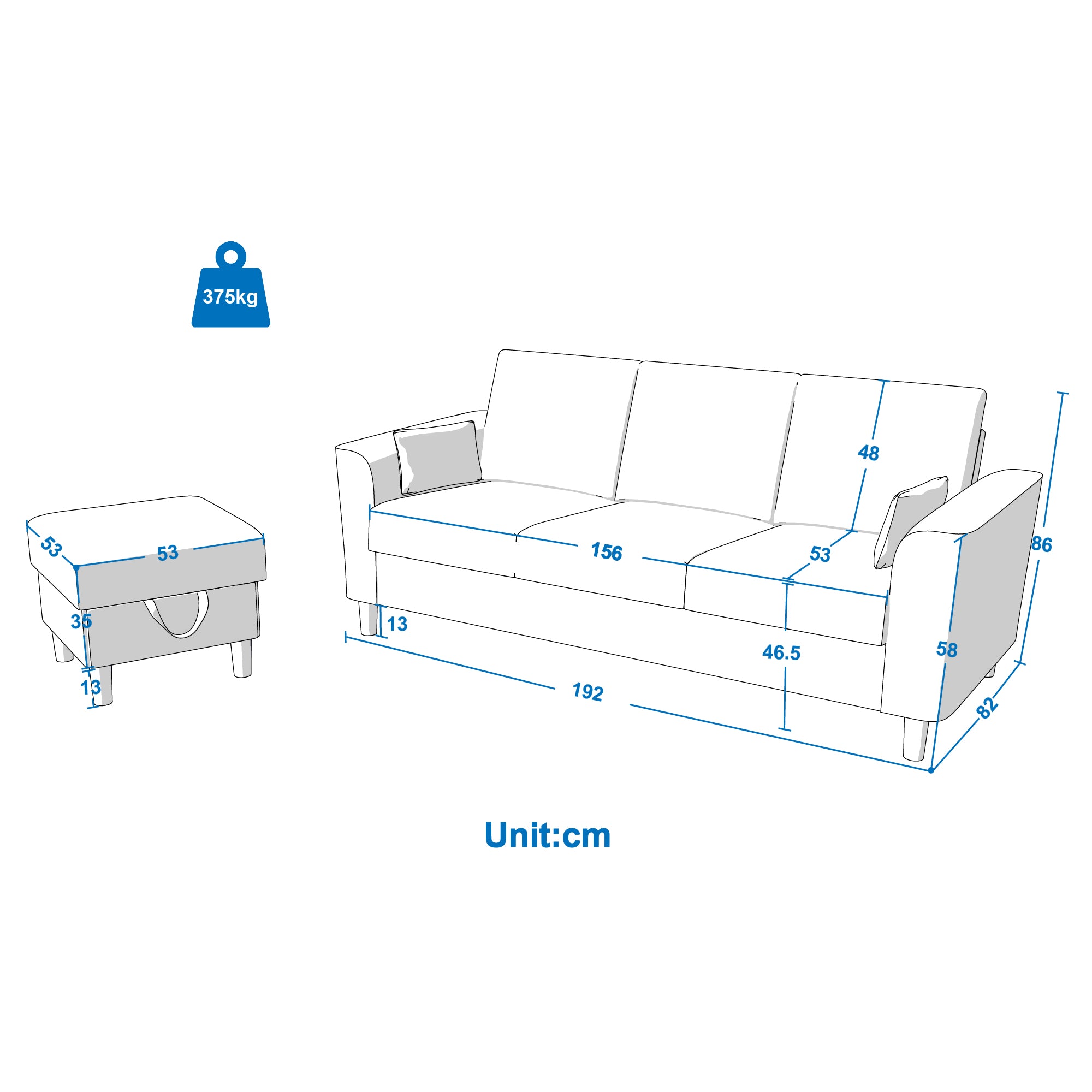 Hroth 3 Seater Sofas,Fabric Modular Sofa with Thick Cushions, 2 Pillows and Storage Ottoman, Comfortable and Durable Sectional Couch for Living Room, Bedroom, Office,Light Grey