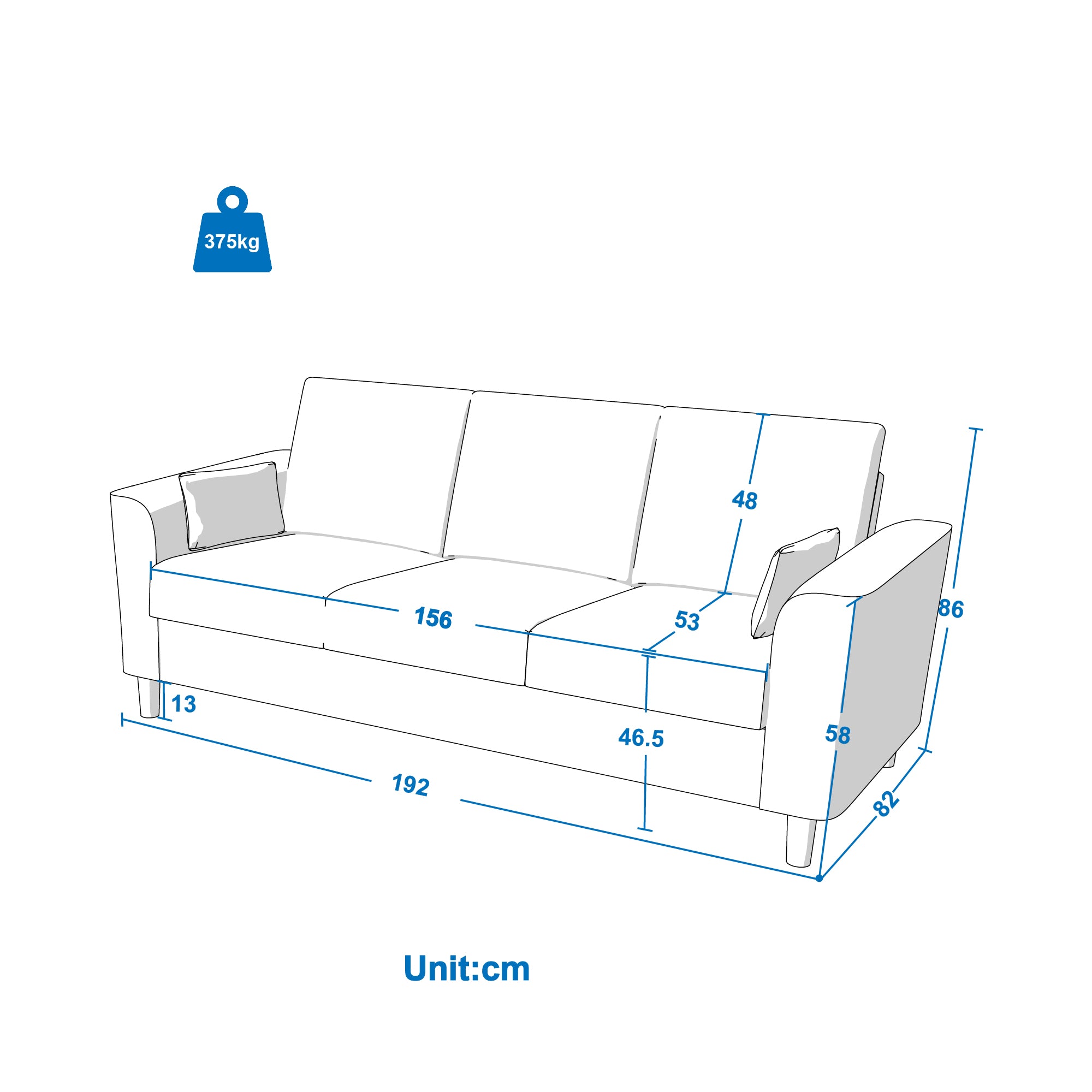 Hroth 3 Seater Sofas,Comfortable Fabric Sofa with Thick Cushions and 2 Pillows, Durable Couch for Living Room, Bedroom, Guest Room, Apartment, Self Assembly,Light Grey