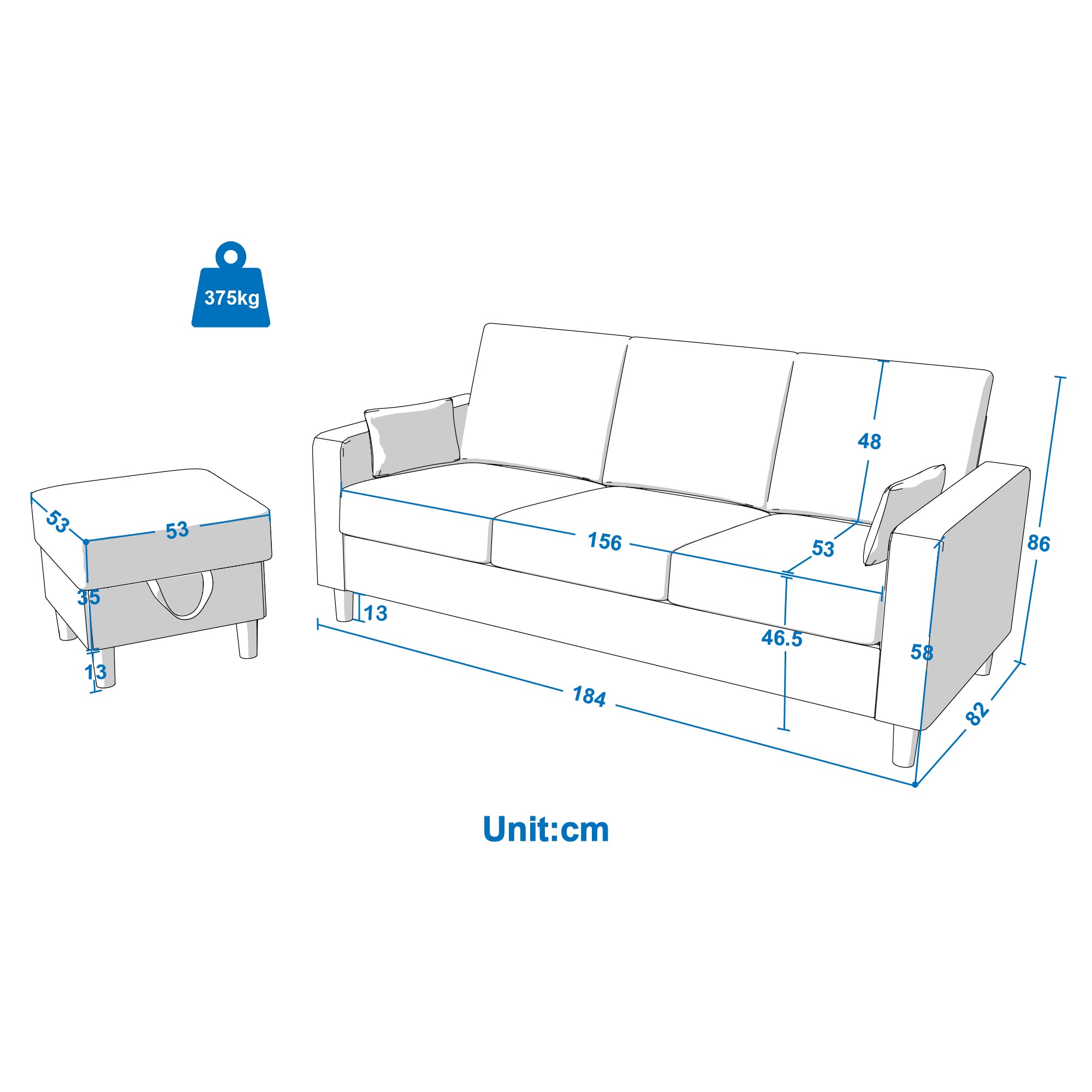 Hroth 3 Seater Sofas, Fabric Sectional Sofa with Storage Ottoman and 2 Pillows, Thick Cushions, High Weight Capacity, L Shape Recliner Settee for Living Room, Bedroom, Office, Dark Grey