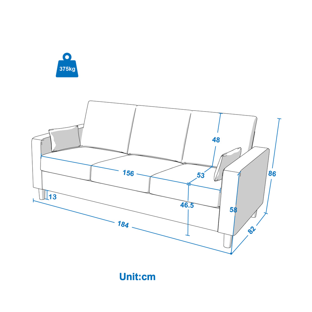 Hroth 3 Seater Sofas, Comfortable Fabric Sofa with Thick Cushions and 2 Pillows, Durable and Space Saving Settee for Living Room, Bedroom, Guest Room, Office, Dark Grey