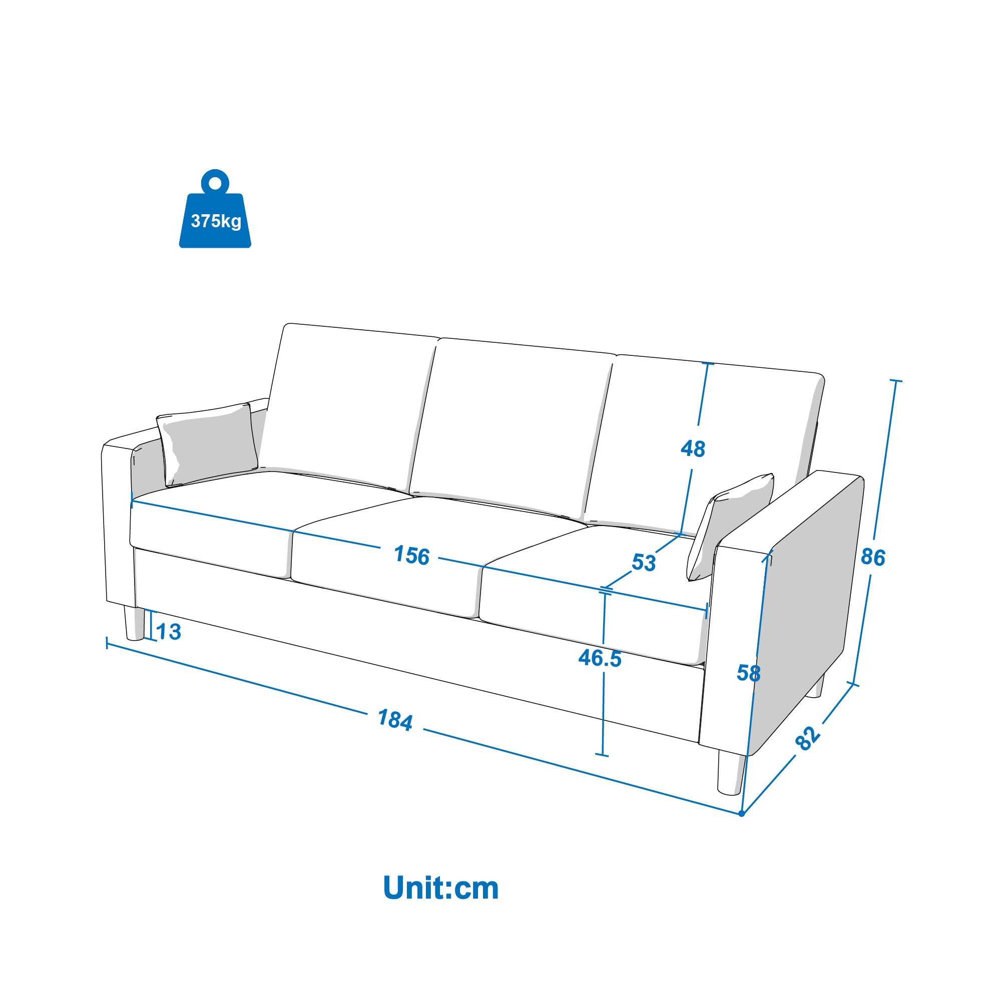 Hroth 3 Seater Sofas, Comfortable Fabric Sofa with Thick Cushions and 2 Pillows, Durable and Space Saving Settee for Living Room, Bedroom, Guest Room, Office, Dark Grey
