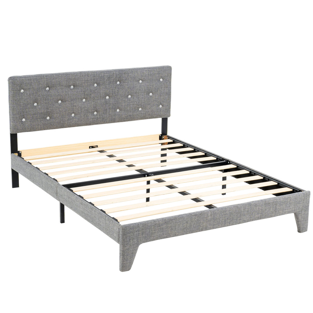 Hroth 4ft6 Headboard Double Bed – Upholstered Bed Frame with Sturdy Wooden Slat Support, Grey Bed Metal Frame, Easy Assembly,Ideal for Compact Space,Light Grey