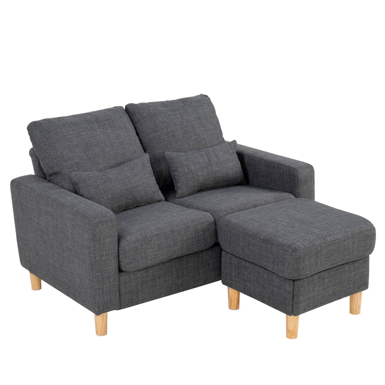 Hroth 2 Seater Sofa with Ottoman,Grey Fabric Sofa with Thickened Cushions, 2 Pillows,Durable L Shape Loveseat for Living Room, Bedroom, Office, Dark Grey