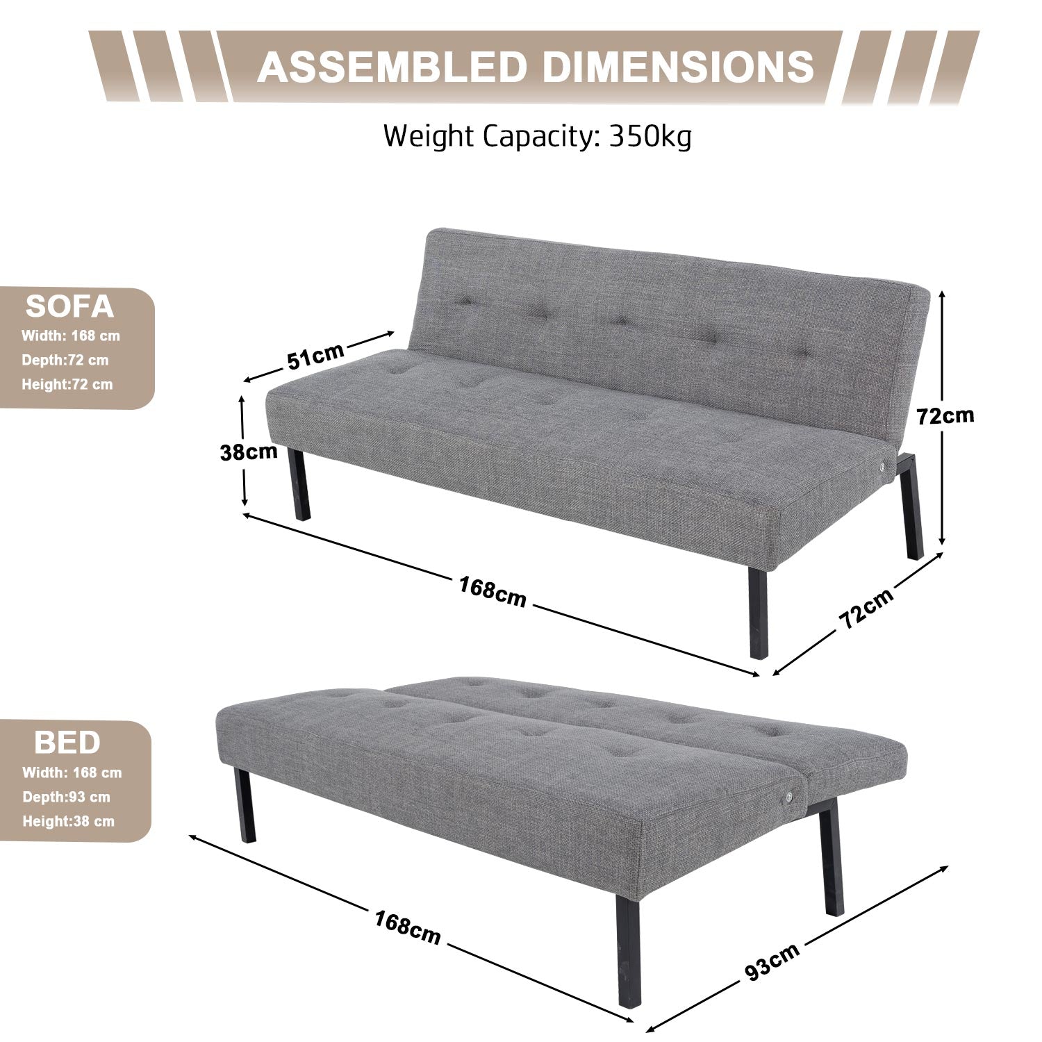 Hroth 3 Seater Futon Sofa Bed,5 Adjustable Backrest Angles, Convertible Bed Settee, Sofa 3 Seater Suitable for Living Rooms, Bedrooms and Apartments,Easy-to-Assemble Foldable Sofa (Light Grey)