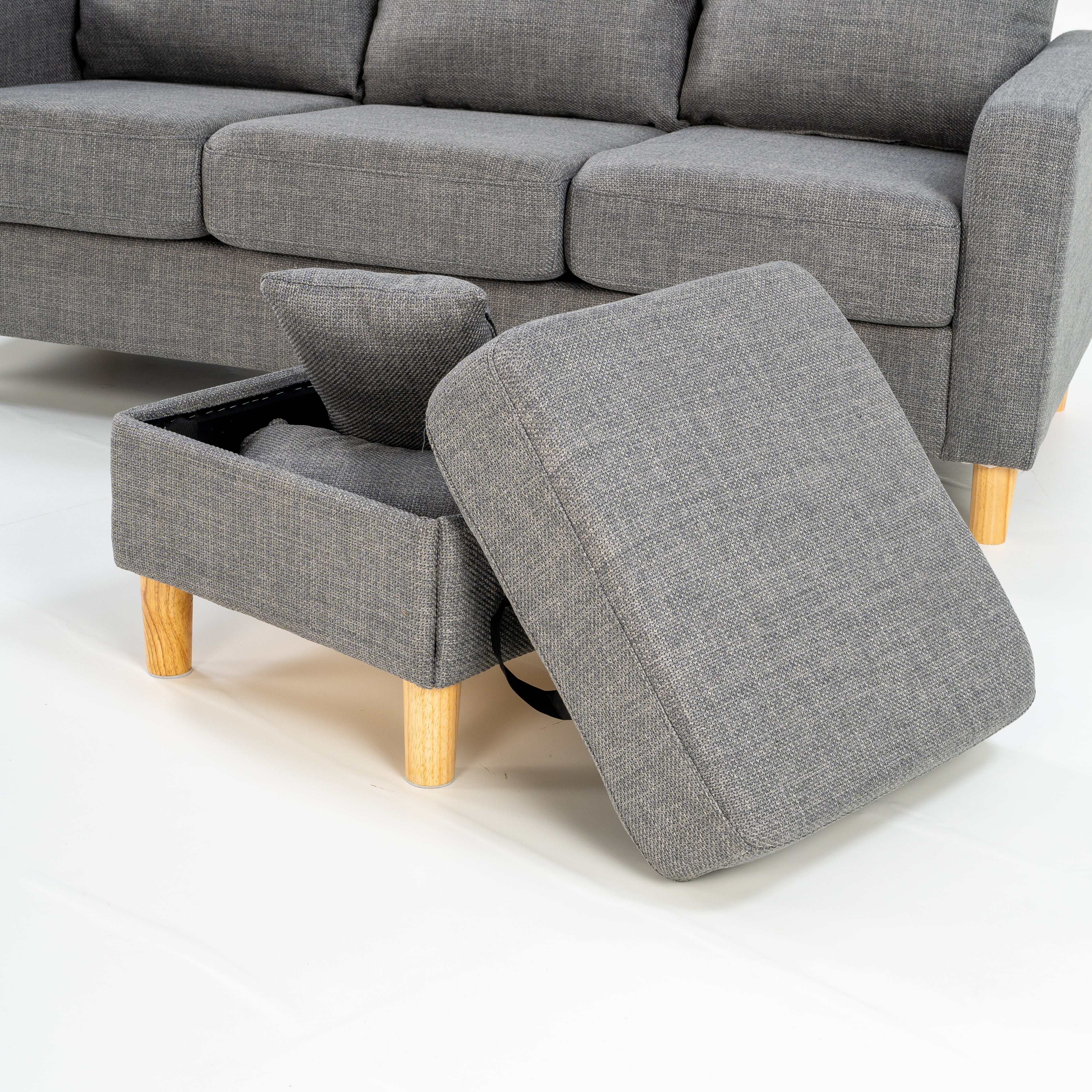 Hroth 3 Seater Sofas, Fabric Sectional Sofa with Storage Ottoman and 2 Pillows, Thick Cushions, High Weight Capacity, L Shape Recliner Settee for Living Room, Bedroom, Office, Light Grey