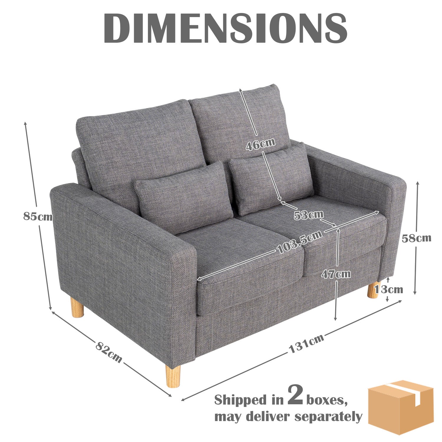 Hroth 2 Seater Sofa,Comfortable Fabric Small Sofa with Thick Cushions and 2 Pillows, Durable Couch with High Weight Capacity,Easy Assembly Sofa for Living Room, Bedroom, Office, Light Grey