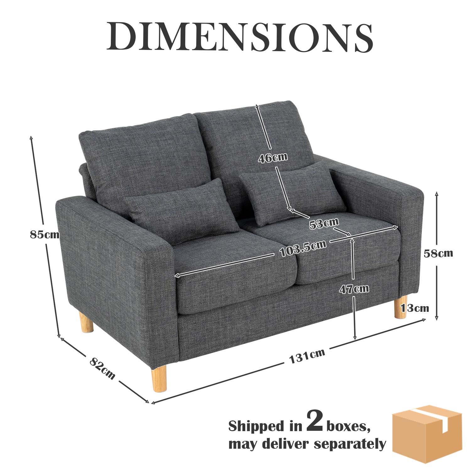 Hroth 2 Seater Sofa,Comfortable Fabric Small Sofa with Thick Cushions and 2 Pillows, Durable Couch with High Weight Capacity,Easy Assembly Sofa for Living Room, Bedroom, Office, Dark Grey