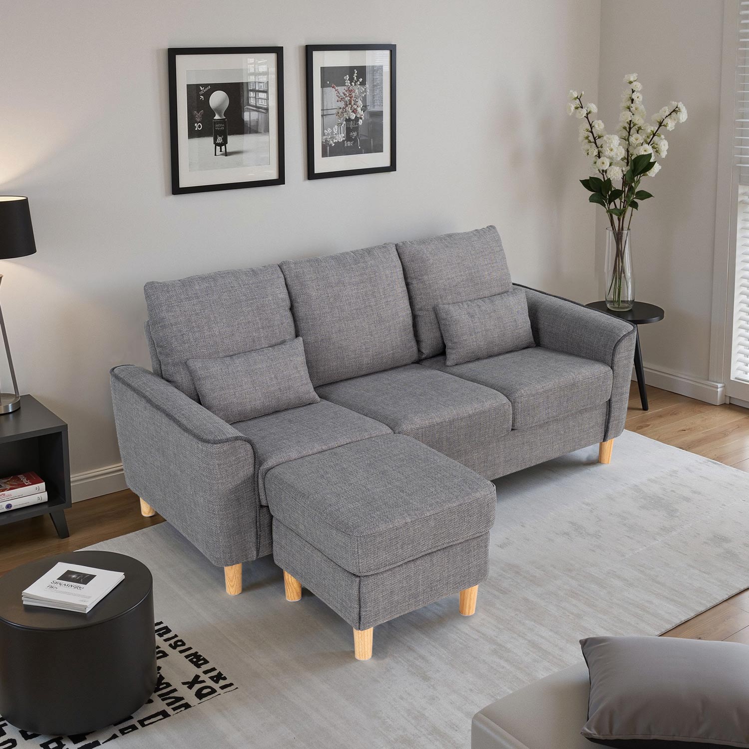 Hroth 3 Seater Sofas,Fabric Modular Sofa with Thick Cushions, 2 Pillows and Storage Ottoman, Comfortable and Durable Sectional Couch for Living Room, Bedroom, Office,Light Grey