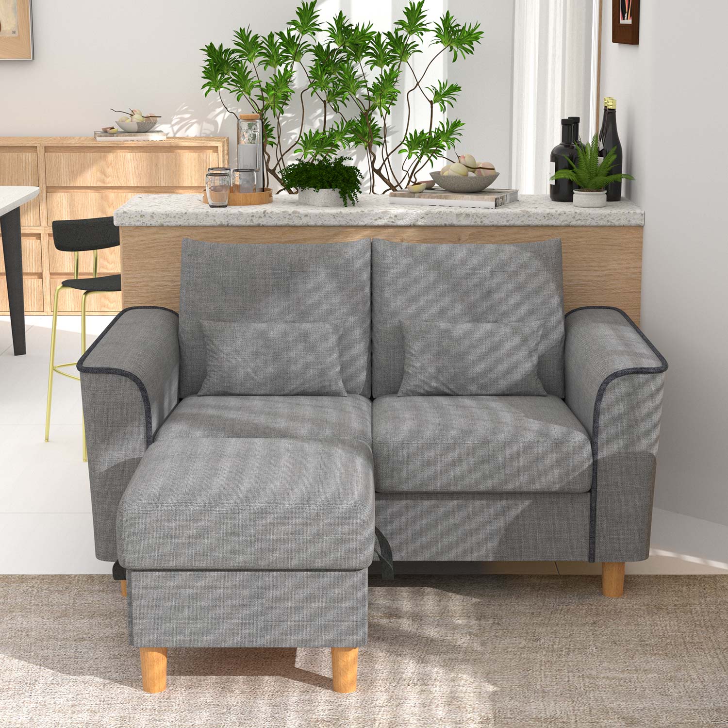 Hroth Storage Sofa with Ottoman,Thickened Fabric Sofa, 2 Seater Couch Suitable for Apartments,Living Rooms and Bedrooms,Light Grey