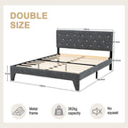 Hroth 4ft6 Double Bed Frame – Upholstered Platform Bed with Sturdy Wooden Slat Support, Linen Fabric, Cushioned Headboard, Metal-Wood Structure, Easy Assembly,Ideal for Compact Space,Dark Grey