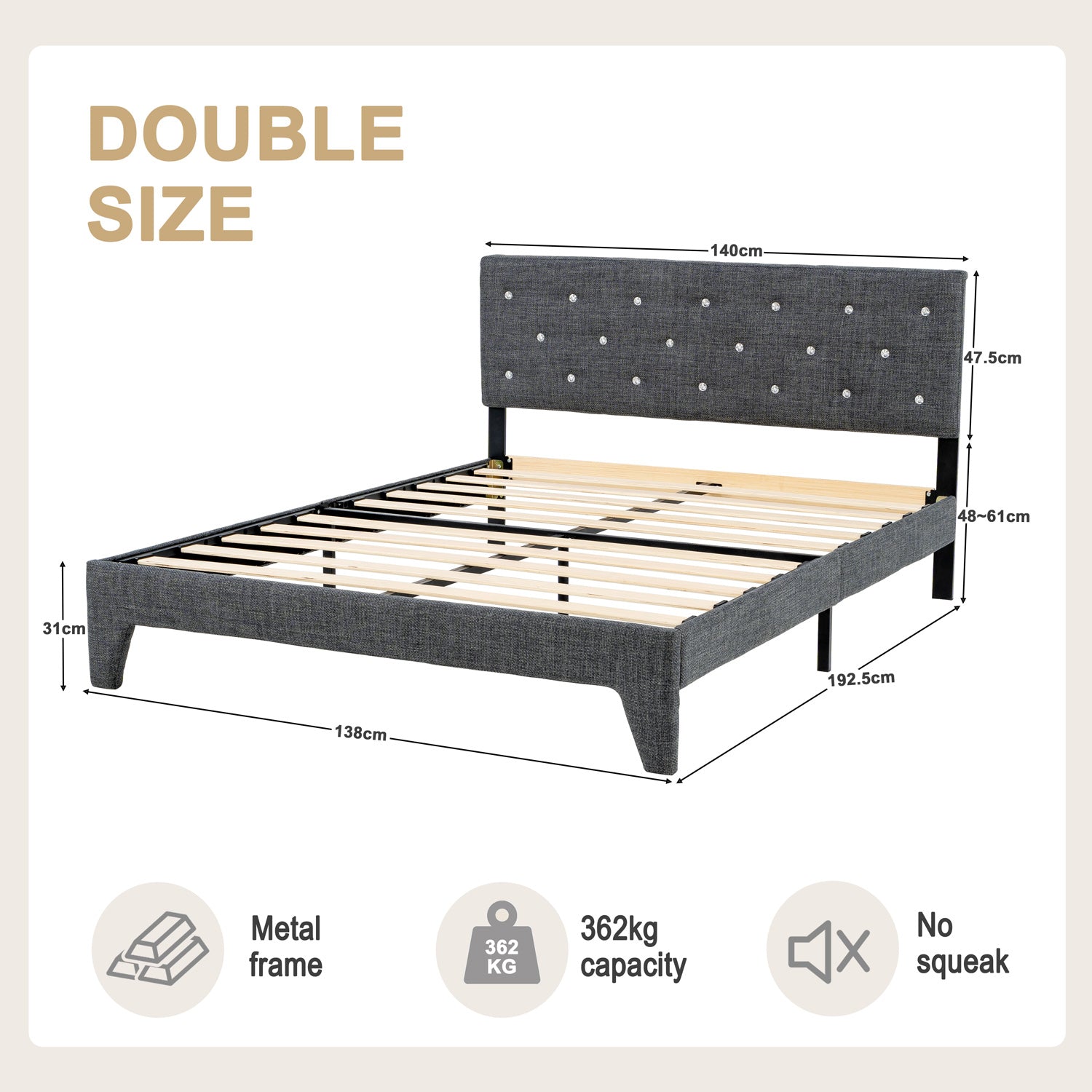 Hroth 4ft6 Double Bed Frame – Upholstered Platform Bed with Sturdy Wooden Slat Support, Linen Fabric, Cushioned Headboard, Metal-Wood Structure, Easy Assembly,Ideal for Compact Space,Dark Grey