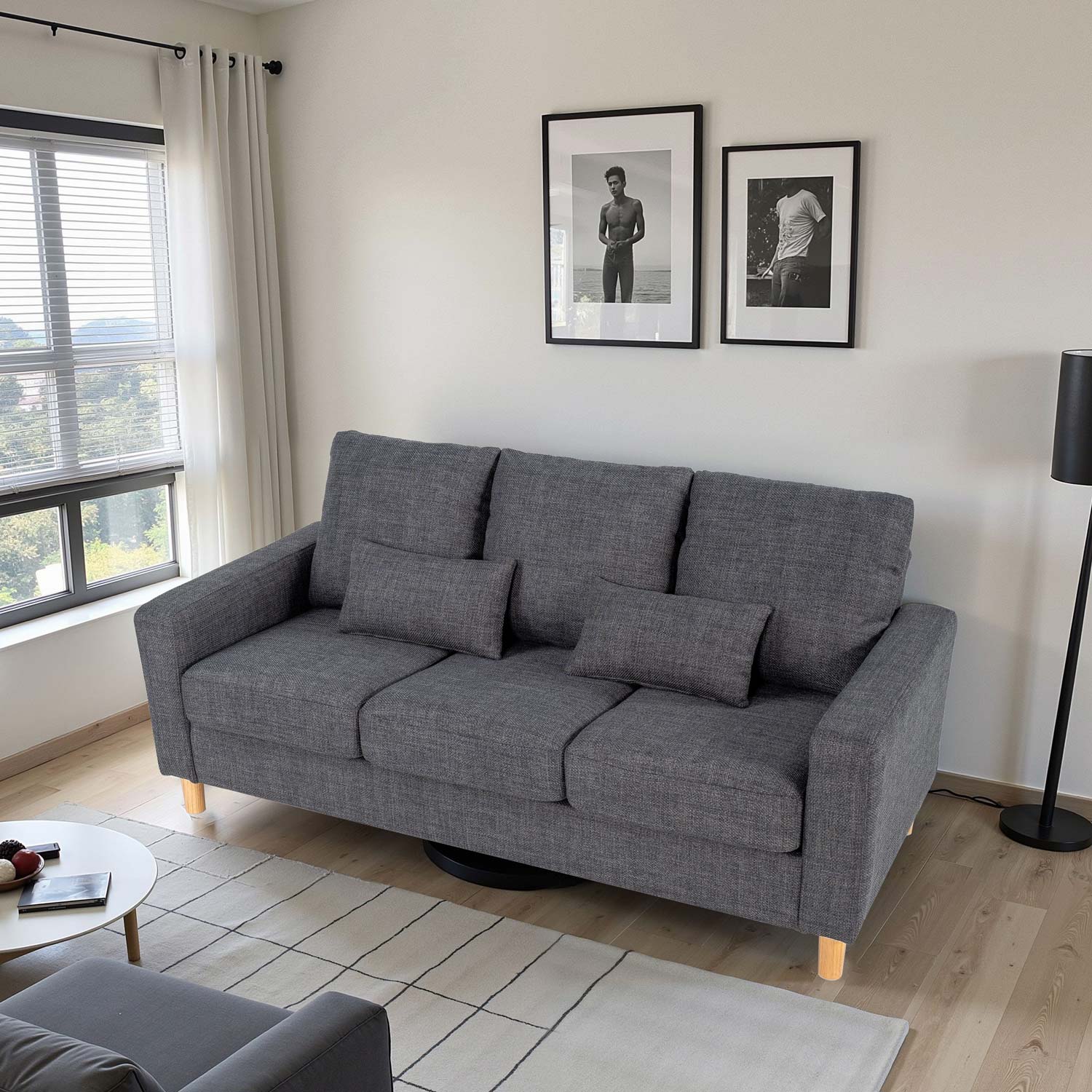 Hroth 3 Seater Sofas, Comfortable Fabric Sofa with Thick Cushions and 2 Pillows, Durable and Space Saving Settee for Living Room, Bedroom, Guest Room, Office, Dark Grey