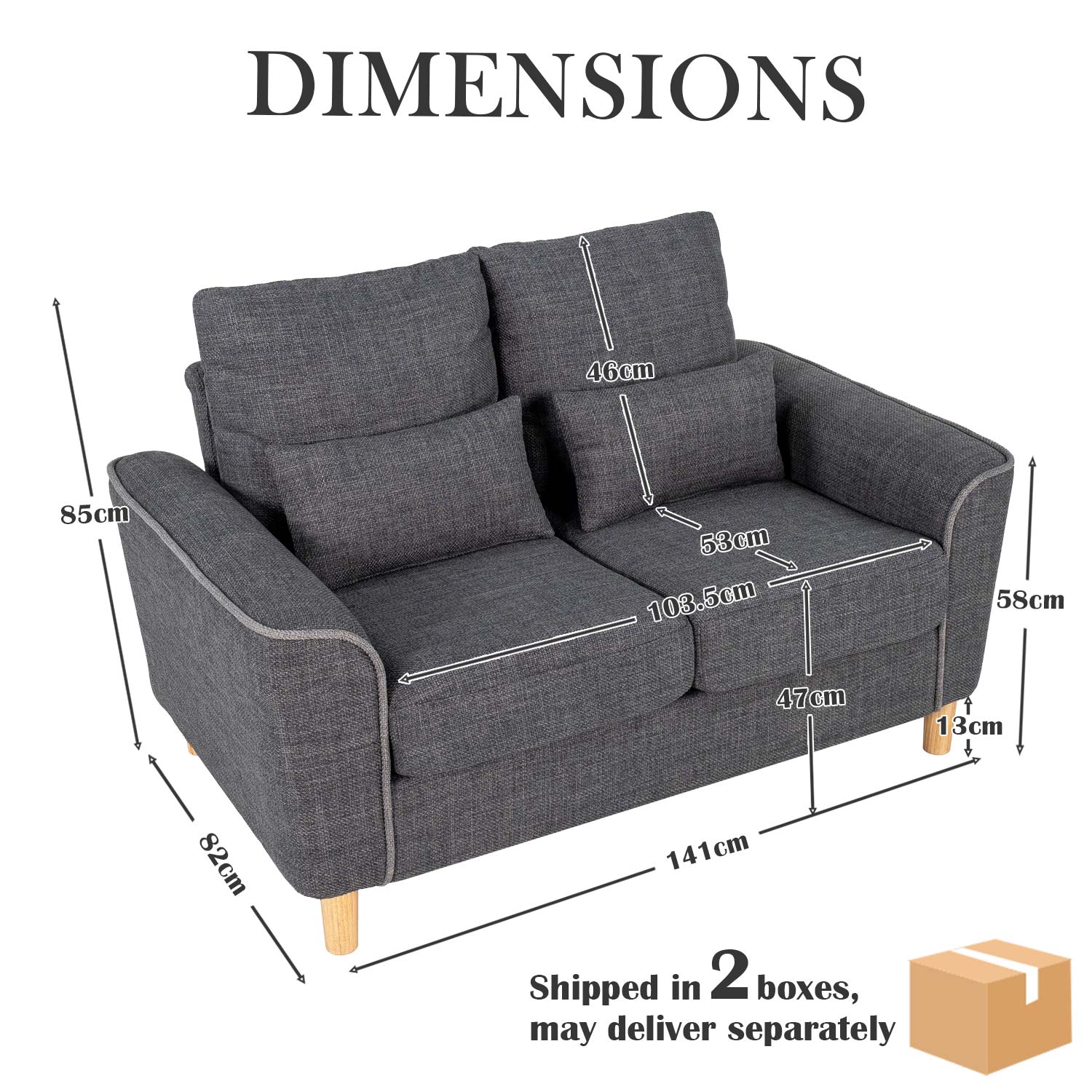 Hroth 2 Seater Sofa with 2 Pillows,Soft and Highly Elastic Small Sofa,Reclining curved sofa armrests，Couch Suitable for Living Rooms, Bedrooms and Apartments,Dark Grey