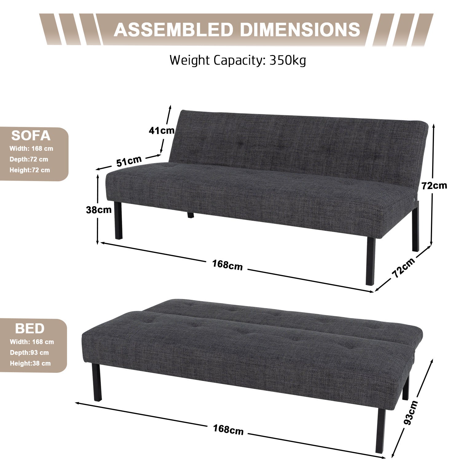 Hroth Adjustable Futon Sofa Bed,5 Adjustable Backrest Angles, Convertible Bed Settee, Sofa 3 Seater Suitable for Living Rooms, Bedrooms and Apartments,Easy-to-Assemble Foldable Sofa (Dark Grey)