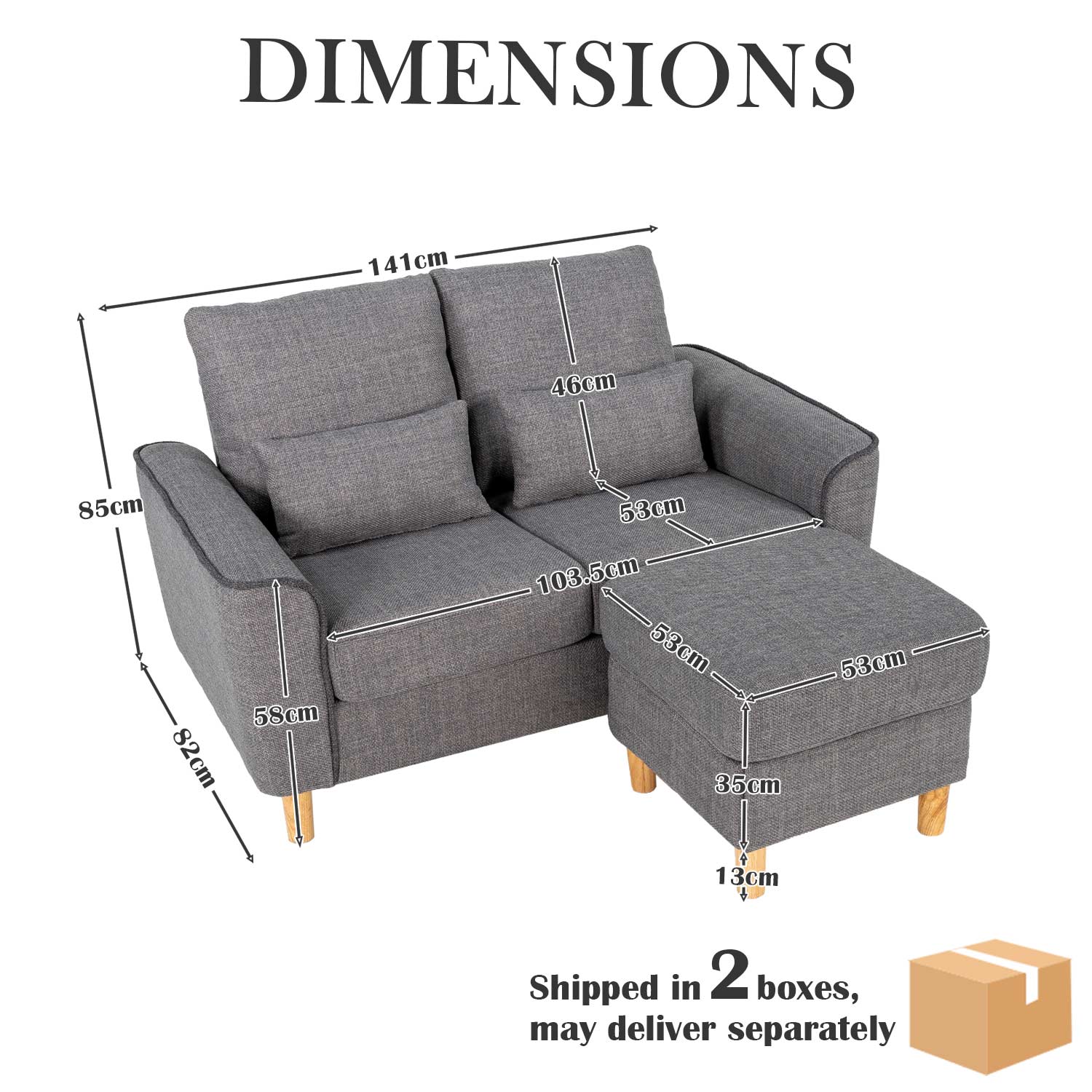 Hroth Storage Sofa with Ottoman,Thickened Fabric Sofa, 2 Seater Couch Suitable for Apartments,Living Rooms and Bedrooms,Light Grey