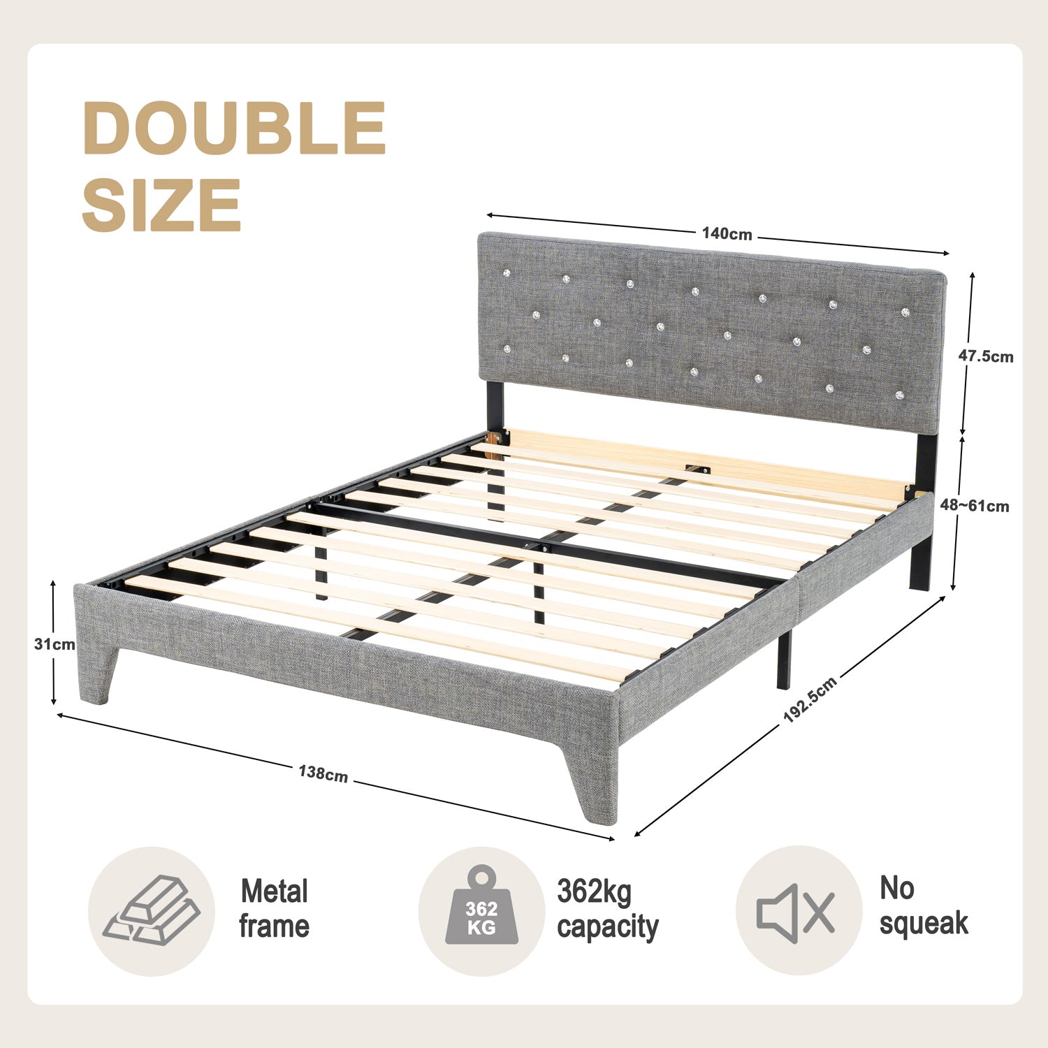 Hroth 4ft6 Headboard Double Bed – Upholstered Bed Frame with Sturdy Wooden Slat Support, Grey Bed Metal Frame, Easy Assembly,Ideal for Compact Space,Light Grey