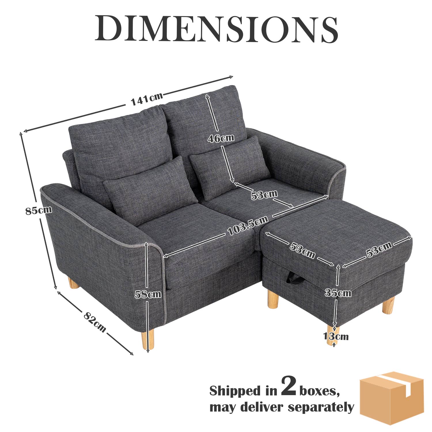 Hroth 2 Seater Sofa,Modular Sofa with Ottoman for Storage,Thickened Fabric Small Sofa, Corner Sofa Suitable for Apartments,Living Rooms and Bedrooms,Dark Grey