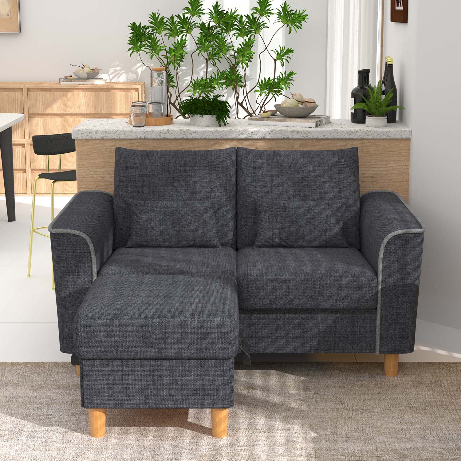 Hroth 2 Seater Sofa,Modular Sofa with Ottoman for Storage,Thickened Fabric Small Sofa, Corner Sofa Suitable for Apartments,Living Rooms and Bedrooms,Dark Grey