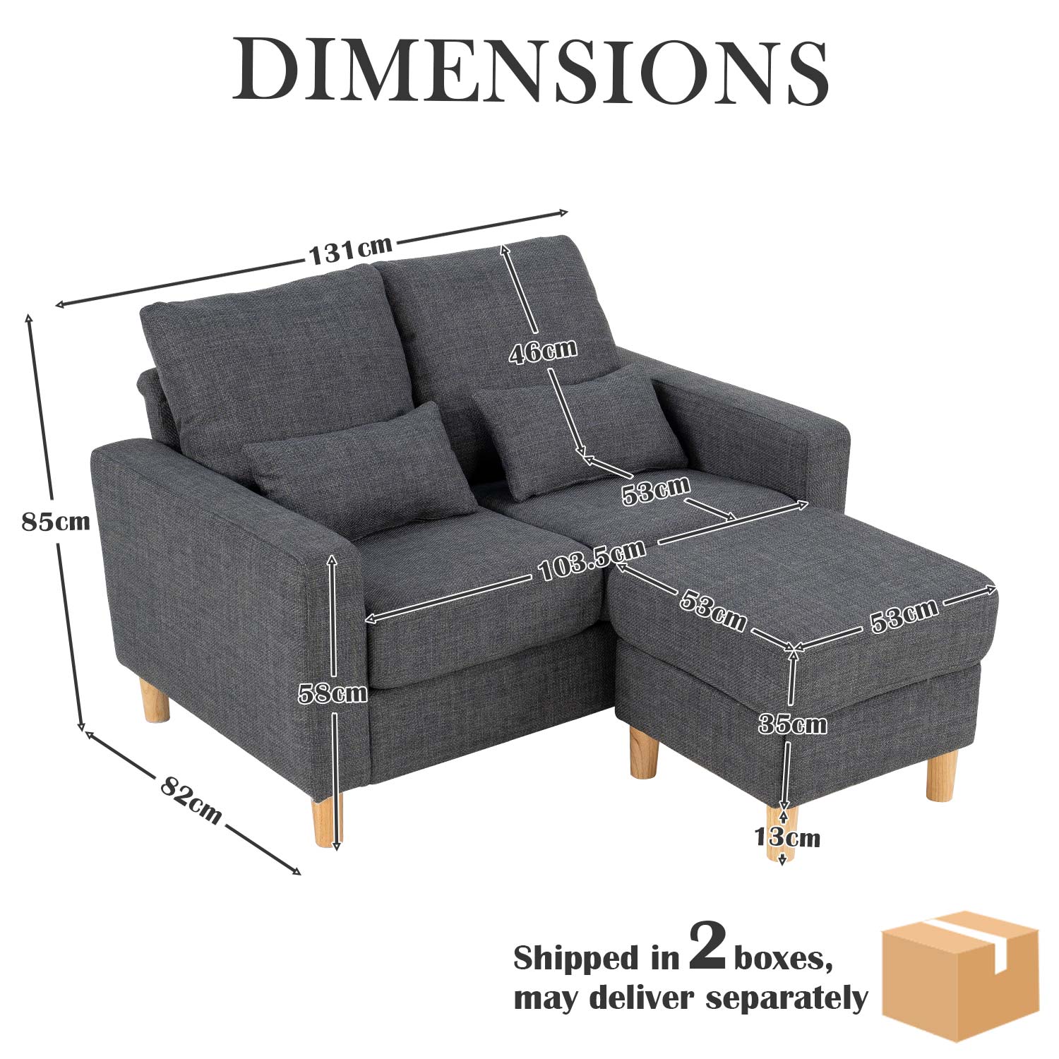 Hroth 2 Seater Sofa with Ottoman,Grey Fabric Sofa with Thickened Cushions, 2 Pillows,Durable L Shape Loveseat for Living Room, Bedroom, Office, Dark Grey