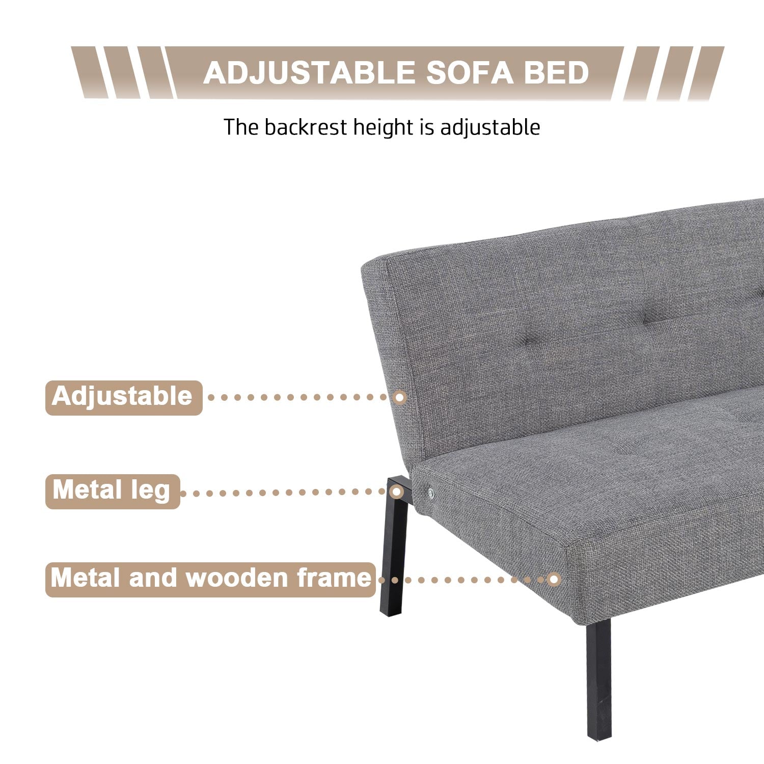 Hroth 3 Seater Futon Sofa Bed,5 Adjustable Backrest Angles, Convertible Bed Settee, Sofa 3 Seater Suitable for Living Rooms, Bedrooms and Apartments,Easy-to-Assemble Foldable Sofa (Light Grey)