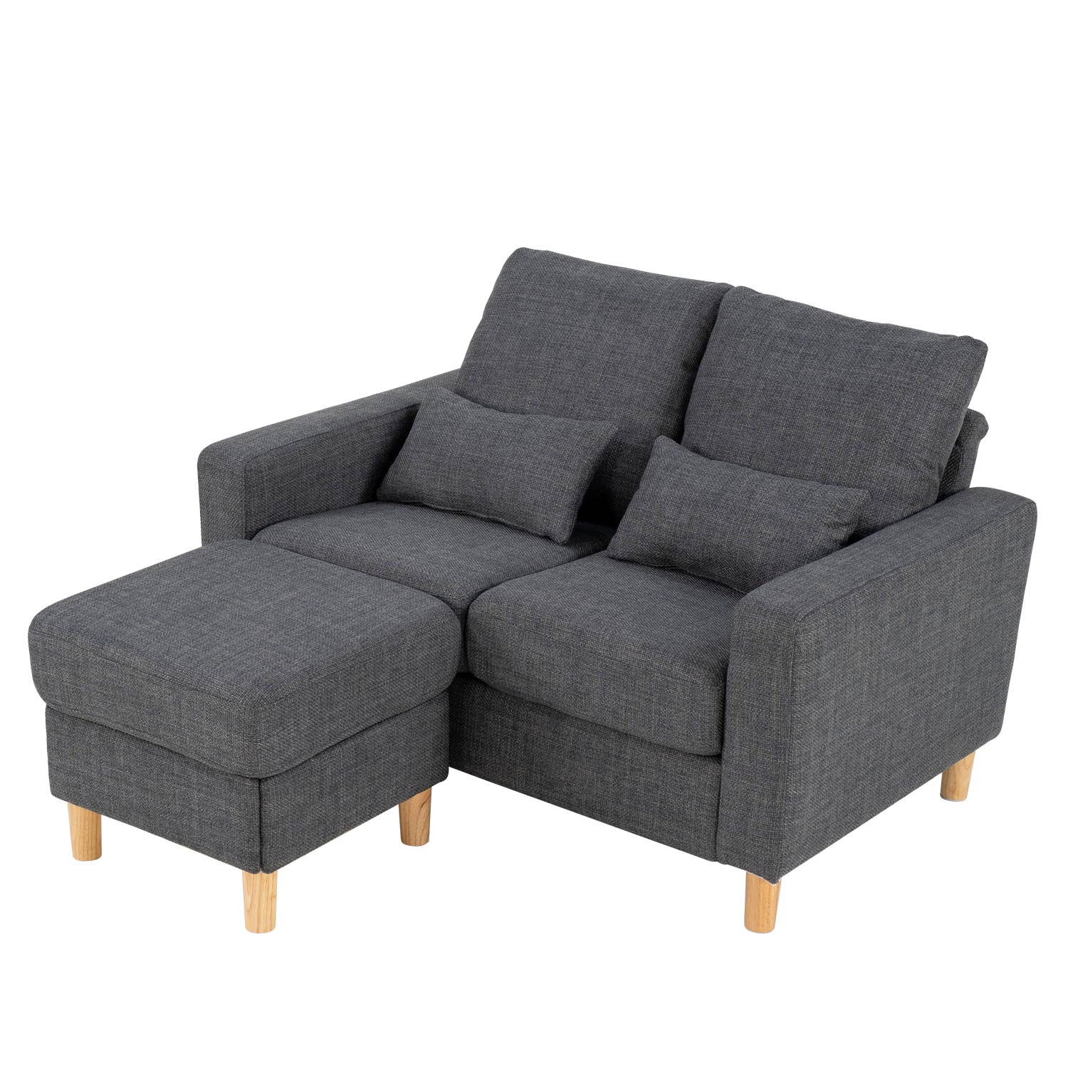 Hroth 2 Seater Sofa with Ottoman,Grey Fabric Sofa with Thickened Cushions, 2 Pillows,Durable L Shape Loveseat for Living Room, Bedroom, Office, Dark Grey