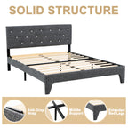 Hroth 4ft6 Double Bed Frame – Upholstered Platform Bed with Sturdy Wooden Slat Support, Linen Fabric, Cushioned Headboard, Metal-Wood Structure, Easy Assembly,Ideal for Compact Space,Dark Grey