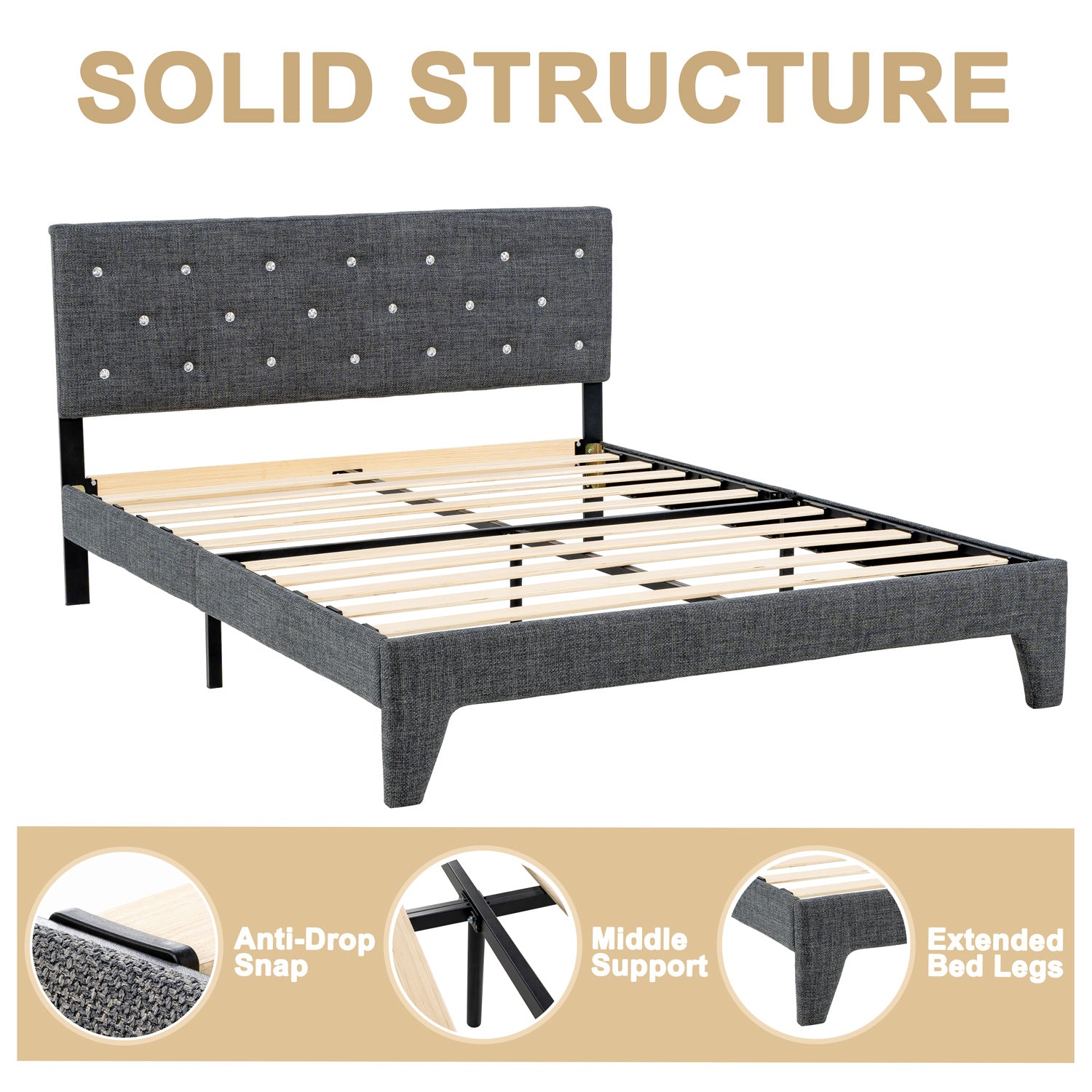 Hroth 4ft6 Double Bed Frame – Upholstered Platform Bed with Sturdy Wooden Slat Support, Linen Fabric, Cushioned Headboard, Metal-Wood Structure, Easy Assembly,Ideal for Compact Space,Dark Grey