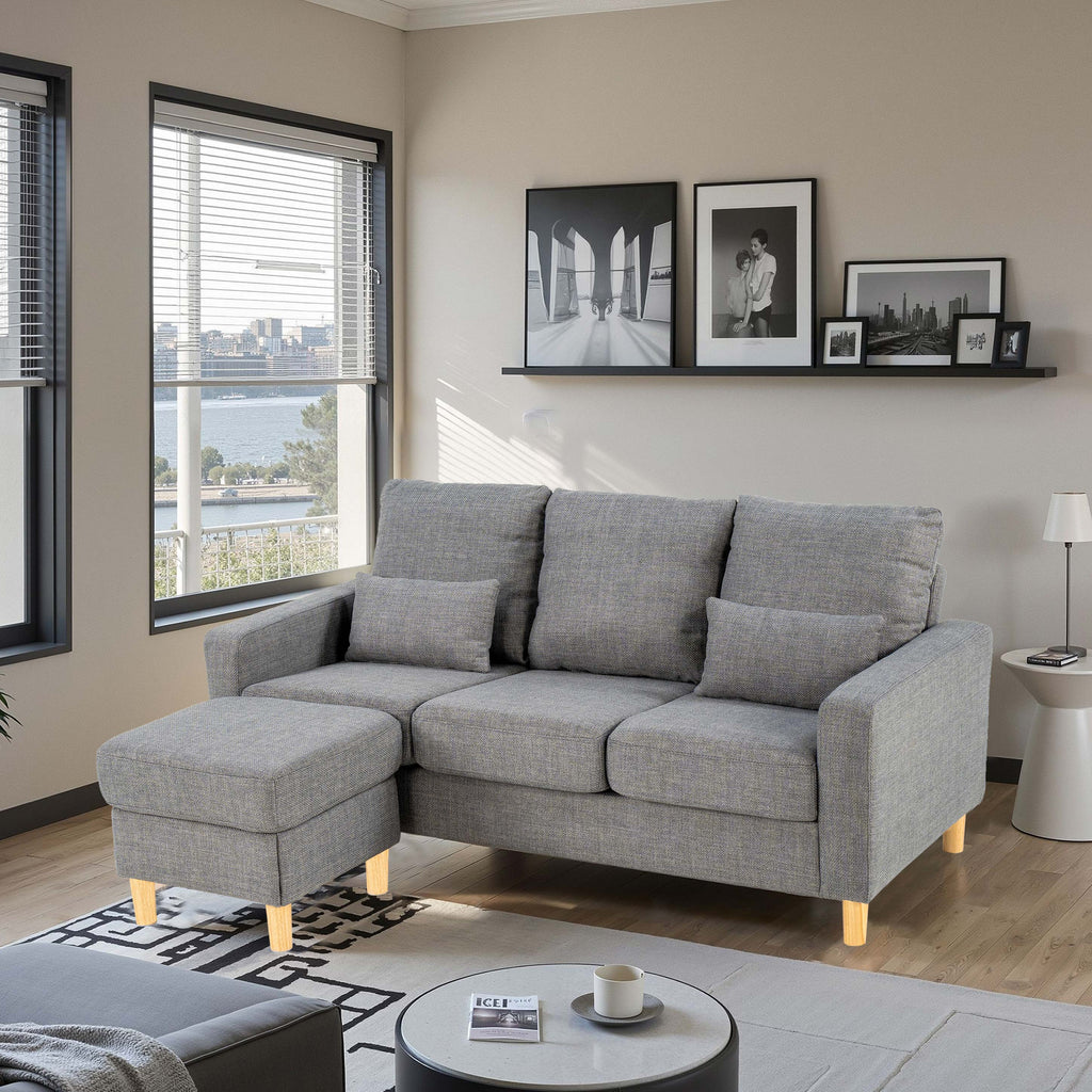 Hroth 3 Seater Sofas, Fabric Sectional Sofa with Storage Ottoman and 2 Pillows, Thick Cushions, High Weight Capacity, L Shape Recliner Settee for Living Room, Bedroom, Office, Light Grey