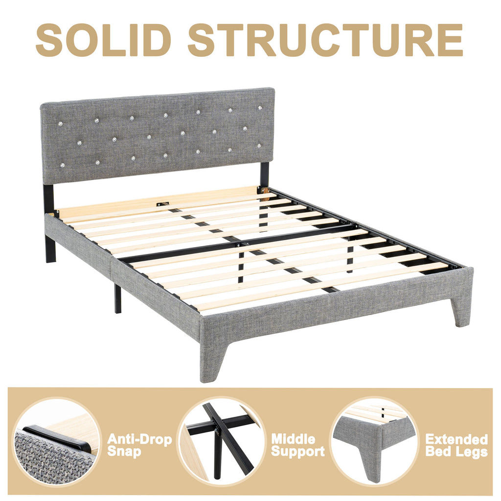 Hroth 4ft6 Headboard Double Bed – Upholstered Bed Frame with Sturdy Wooden Slat Support, Grey Bed Metal Frame, Easy Assembly,Ideal for Compact Space,Light Grey