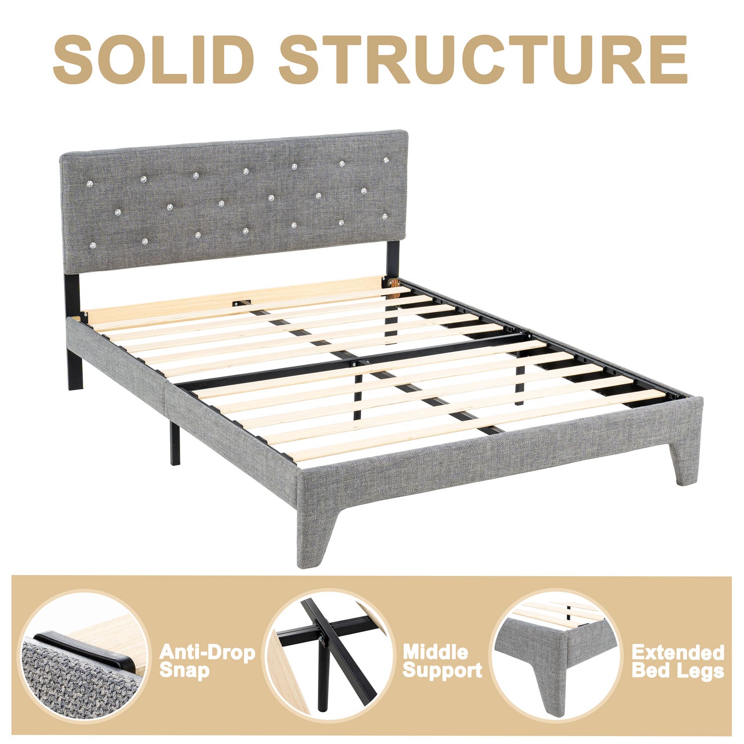 Hroth 4ft6 Headboard Double Bed – Upholstered Bed Frame with Sturdy Wooden Slat Support, Grey Bed Metal Frame, Easy Assembly,Ideal for Compact Space,Light Grey