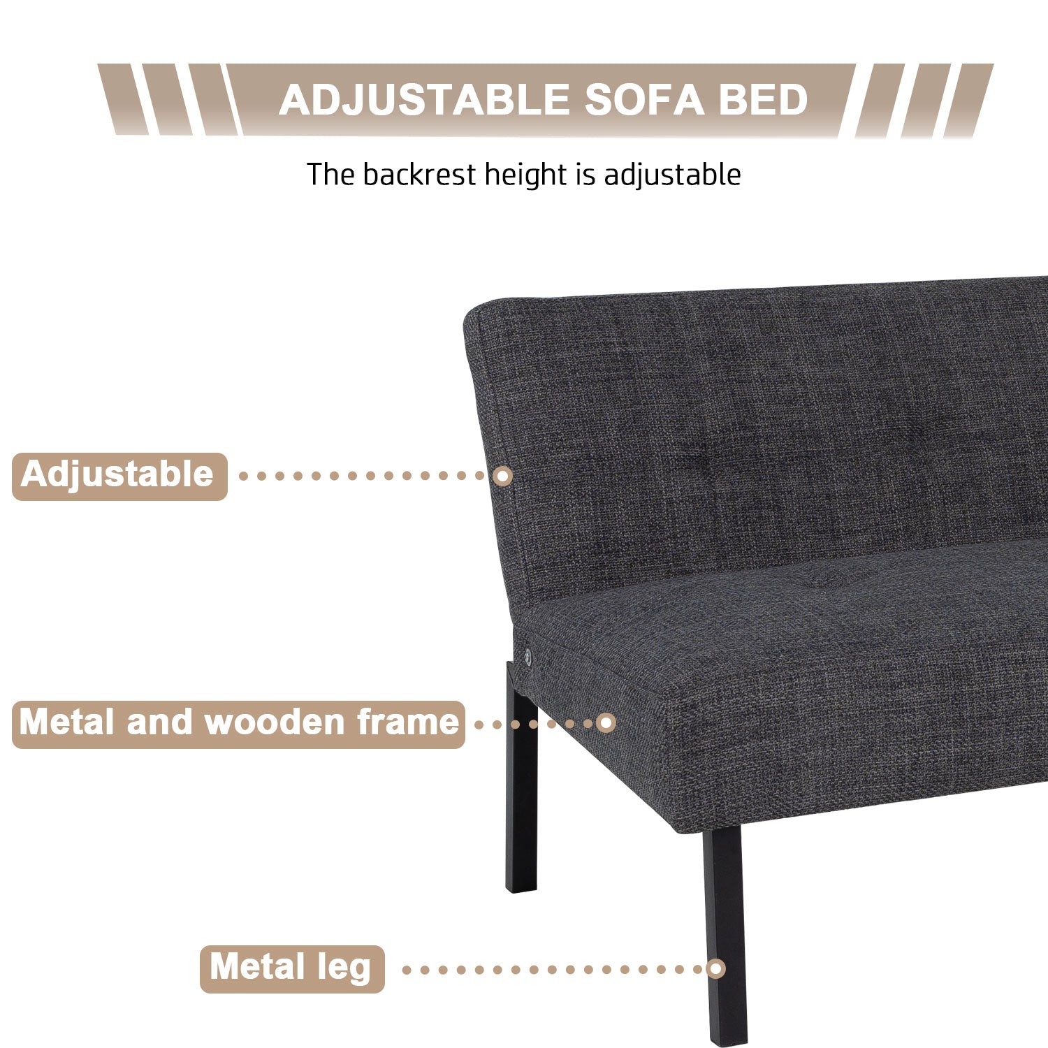 Hroth Adjustable Futon Sofa Bed,5 Adjustable Backrest Angles, Convertible Bed Settee, Sofa 3 Seater Suitable for Living Rooms, Bedrooms and Apartments,Easy-to-Assemble Foldable Sofa (Dark Grey)