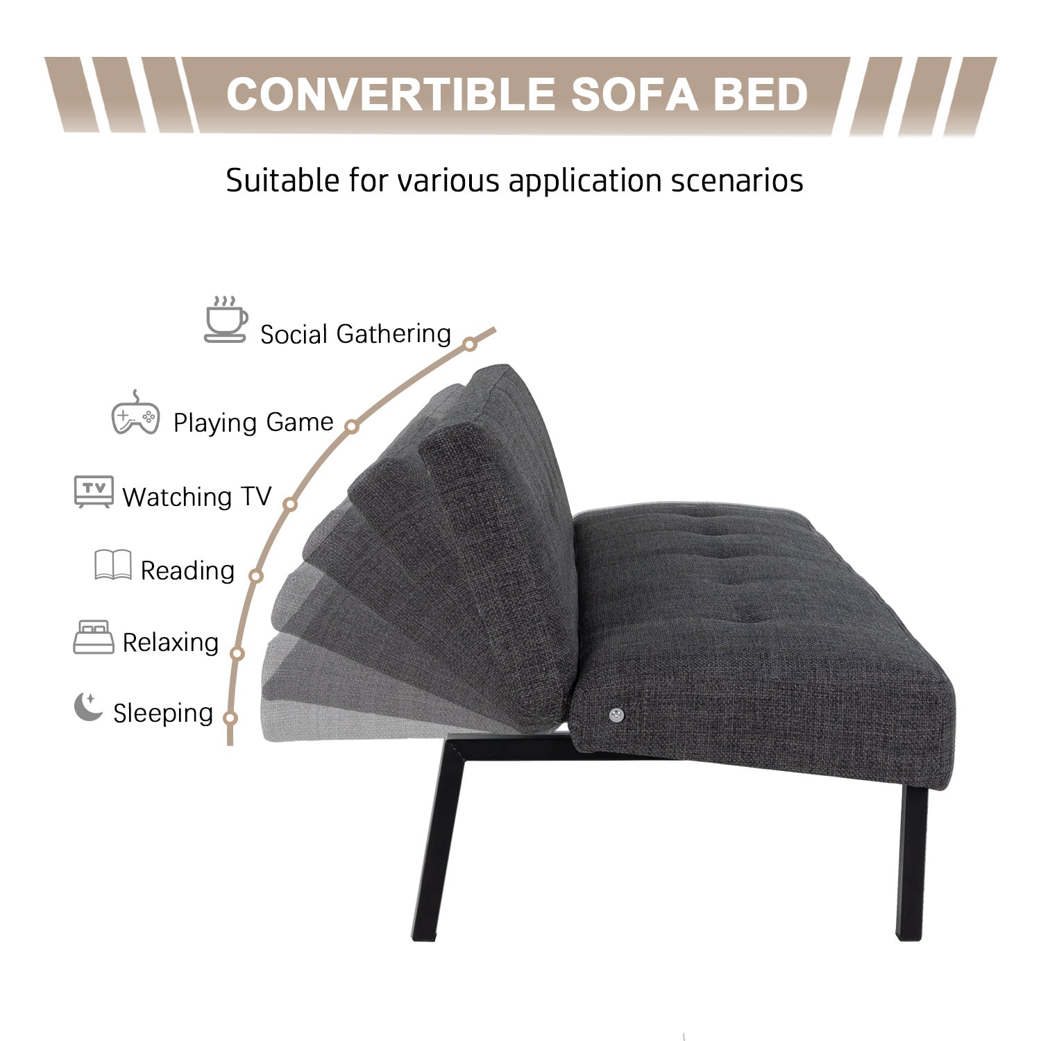 Hroth Adjustable Futon Sofa Bed,5 Adjustable Backrest Angles, Convertible Bed Settee, Sofa 3 Seater Suitable for Living Rooms, Bedrooms and Apartments,Easy-to-Assemble Foldable Sofa (Dark Grey)