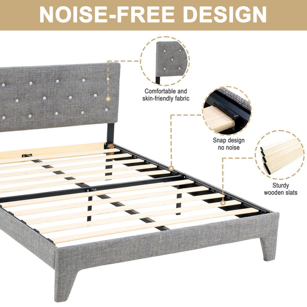 Hroth 4ft6 Headboard Double Bed – Upholstered Bed Frame with Sturdy Wooden Slat Support, Grey Bed Metal Frame, Easy Assembly,Ideal for Compact Space,Light Grey