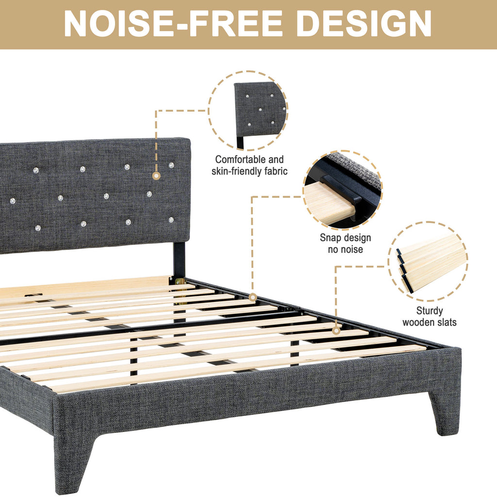 Hroth 4ft6 Double Bed Frame – Upholstered Platform Bed with Sturdy Wooden Slat Support, Linen Fabric, Cushioned Headboard, Metal-Wood Structure, Easy Assembly,Ideal for Compact Space,Dark Grey