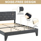 Hroth 4ft6 Double Bed Frame – Upholstered Platform Bed with Sturdy Wooden Slat Support, Linen Fabric, Cushioned Headboard, Metal-Wood Structure, Easy Assembly,Ideal for Compact Space,Dark Grey