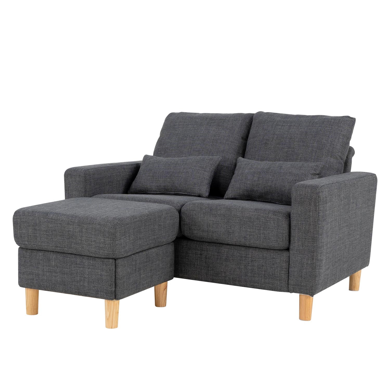 Hroth 2 Seater Sofa with Ottoman,Grey Fabric Sofa with Thickened Cushions, 2 Pillows,Durable L Shape Loveseat for Living Room, Bedroom, Office, Dark Grey