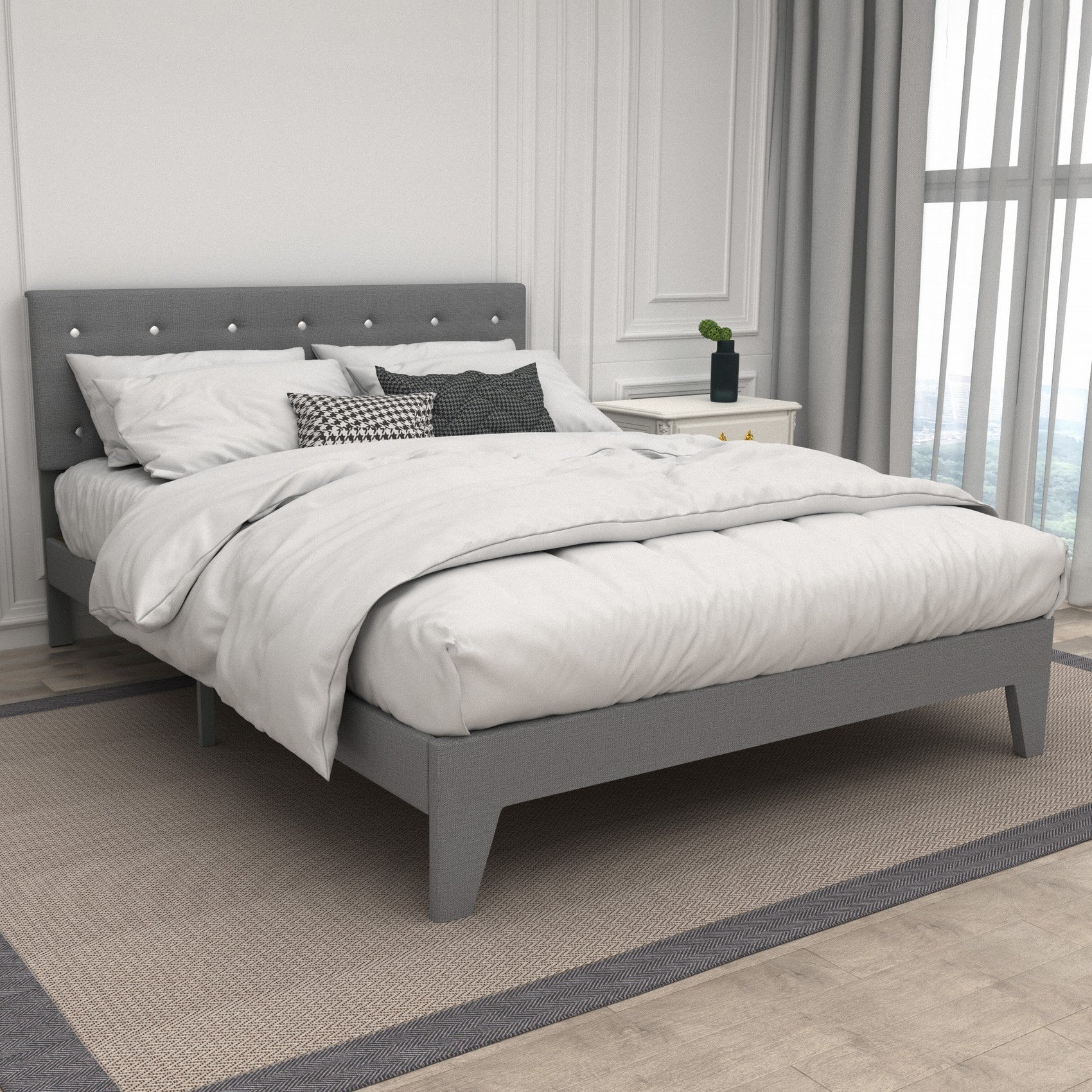 Hroth 4ft6 Headboard Double Bed – Upholstered Bed Frame with Sturdy Wooden Slat Support, Grey Bed Metal Frame, Easy Assembly,Ideal for Compact Space,Light Grey