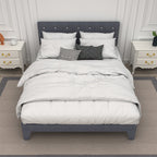 Hroth 4ft6 Double Bed Frame – Upholstered Platform Bed with Sturdy Wooden Slat Support, Linen Fabric, Cushioned Headboard, Metal-Wood Structure, Easy Assembly,Ideal for Compact Space,Dark Grey