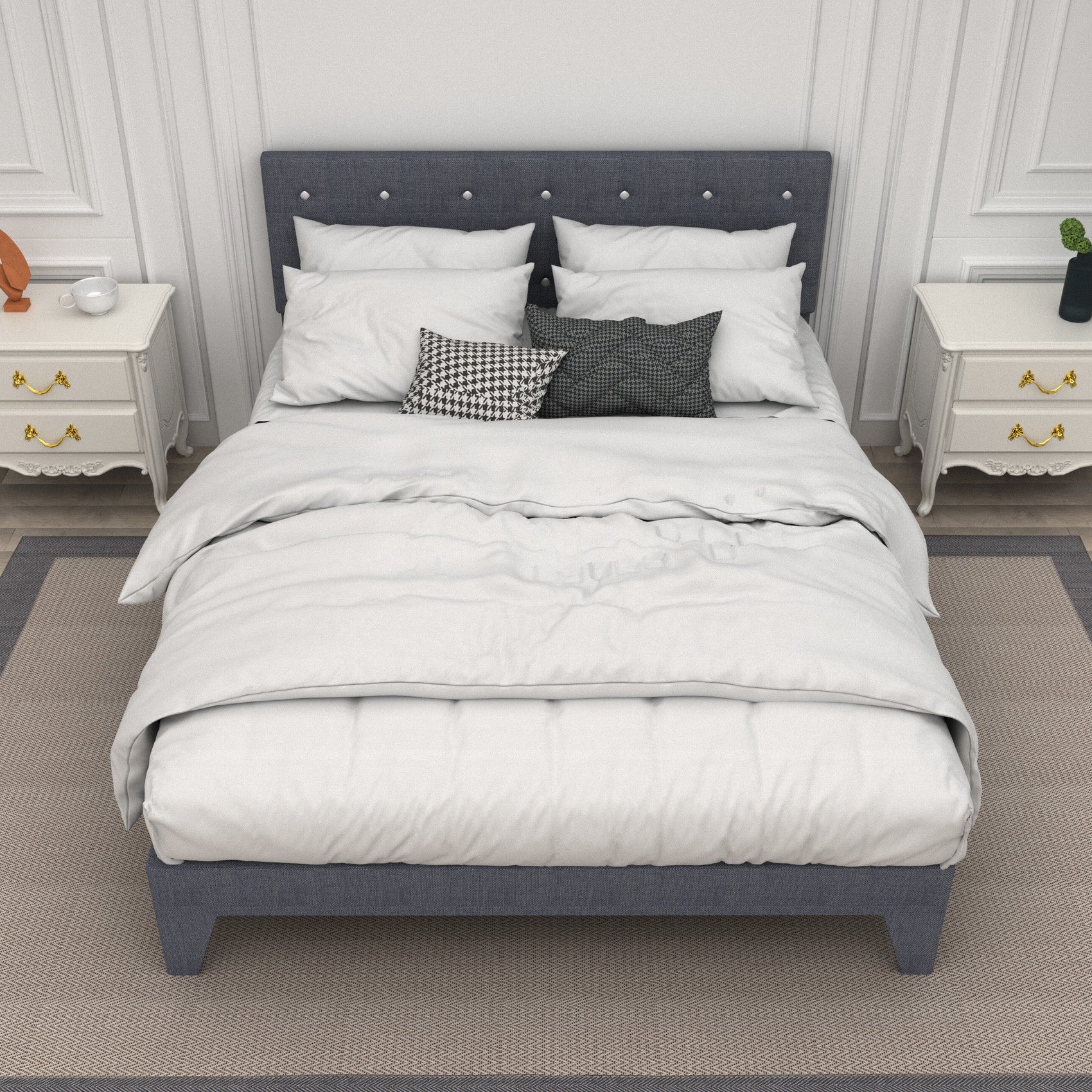 Hroth 4ft6 Double Bed Frame – Upholstered Platform Bed with Sturdy Wooden Slat Support, Linen Fabric, Cushioned Headboard, Metal-Wood Structure, Easy Assembly,Ideal for Compact Space,Dark Grey