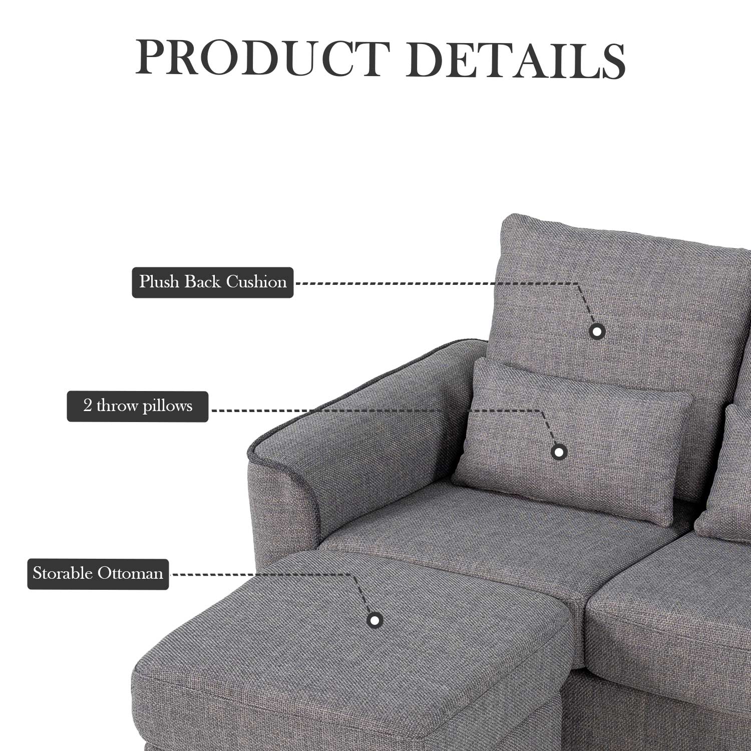 Hroth Storage Sofa with Ottoman,Thickened Fabric Sofa, 2 Seater Couch Suitable for Apartments,Living Rooms and Bedrooms,Light Grey