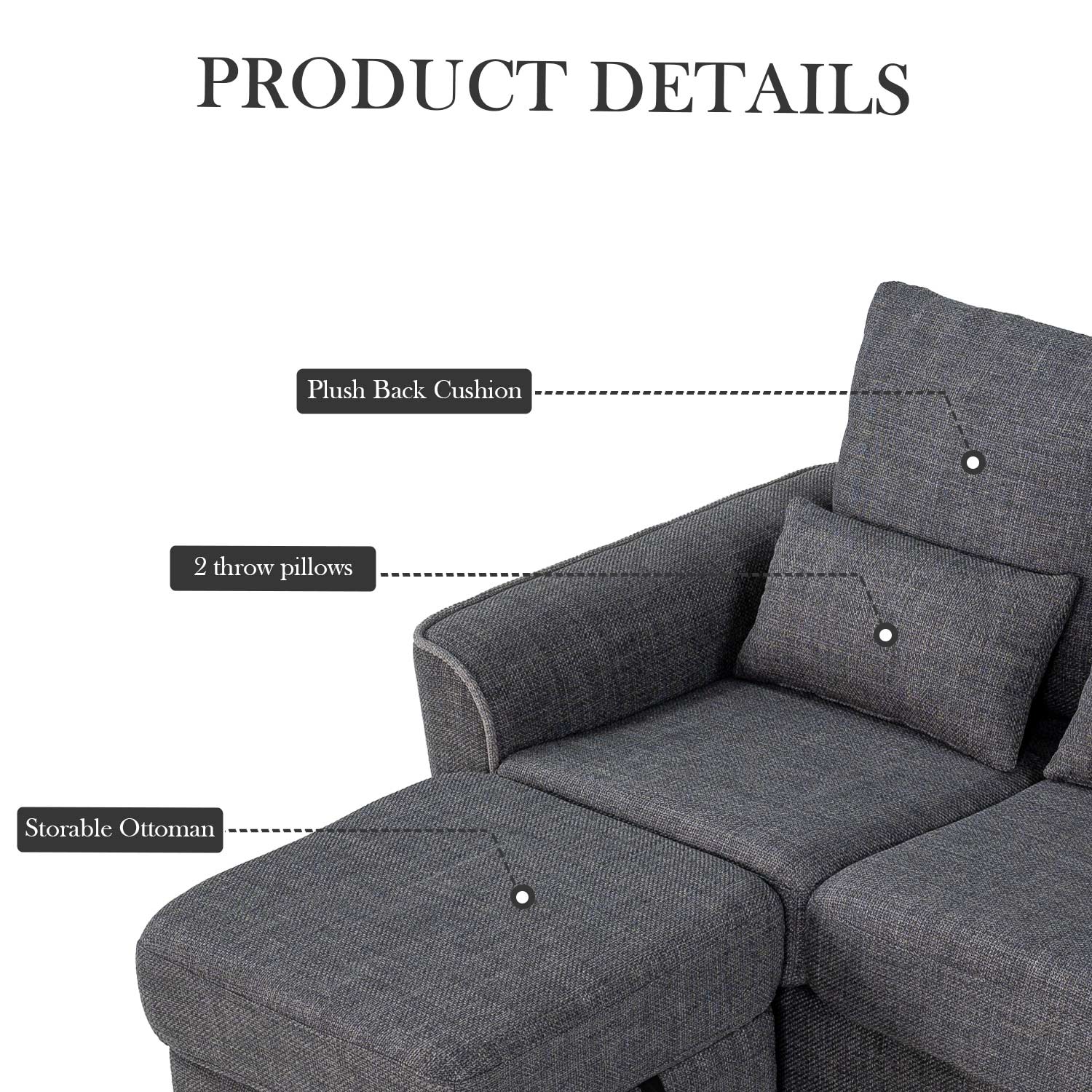 Hroth 2 Seater Sofa,Modular Sofa with Ottoman for Storage,Thickened Fabric Small Sofa, Corner Sofa Suitable for Apartments,Living Rooms and Bedrooms,Dark Grey