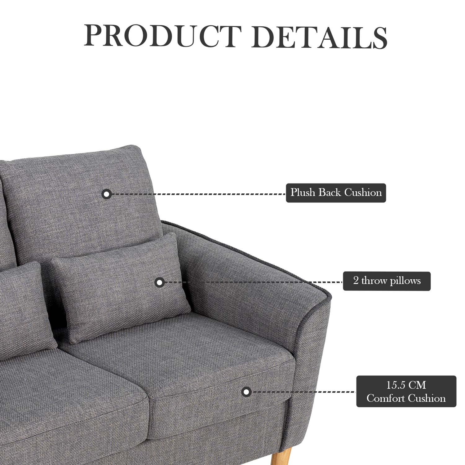Hroth Fabric 2seater Sofa with 2 Pillows,Soft and Highly Elastic Loveseat Sofa,2 Seater Couch Suitable for Living Rooms, Bedrooms and Apartments,Light Grey