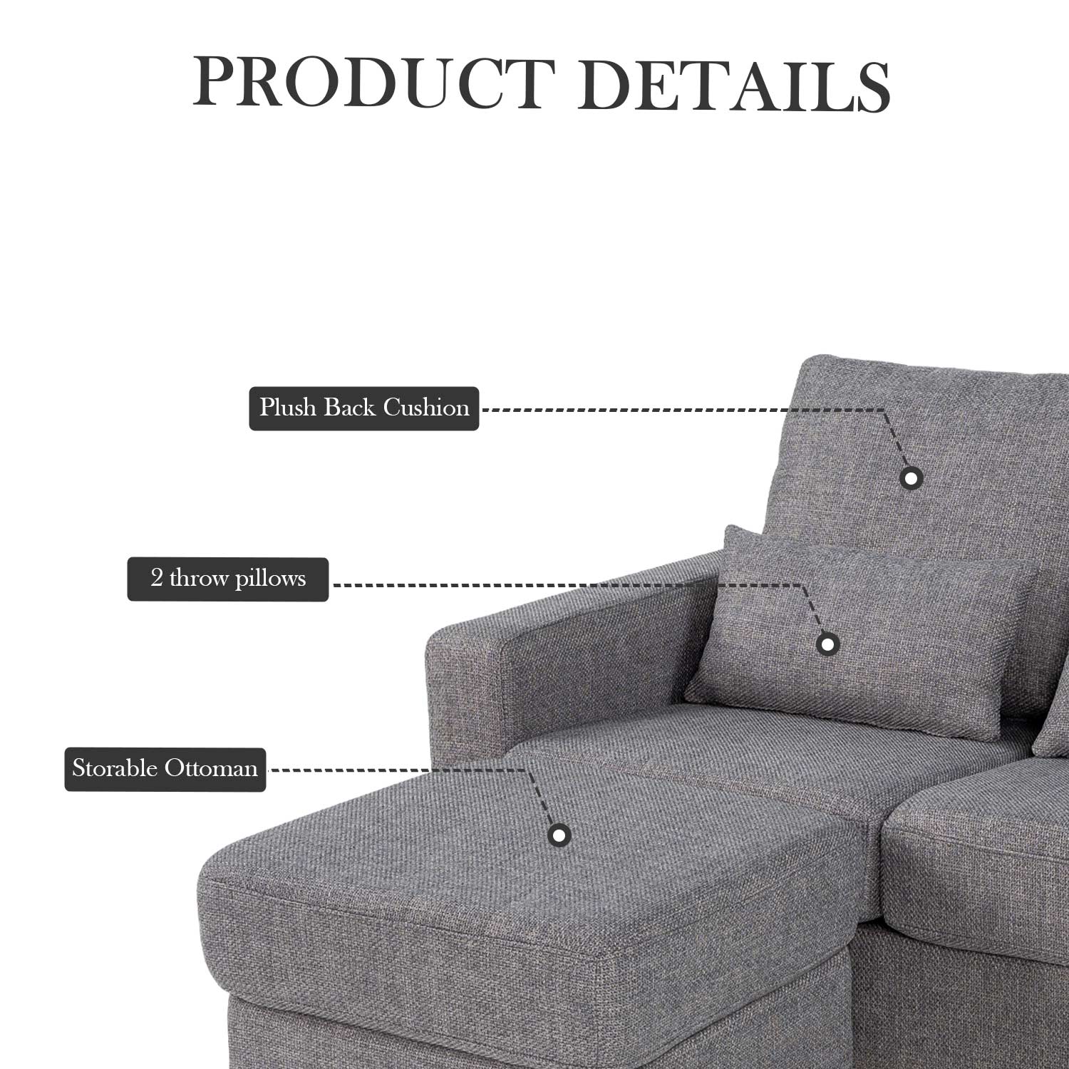 Hroth 2 Seater Sectional Sofa,Fabric Recliner Couch with Adjustable Storage Ottoman, Soft Cushions, 2 Pillows,Durable L Shape Loveseat for Living Room, Bedroom, Office,Light Grey