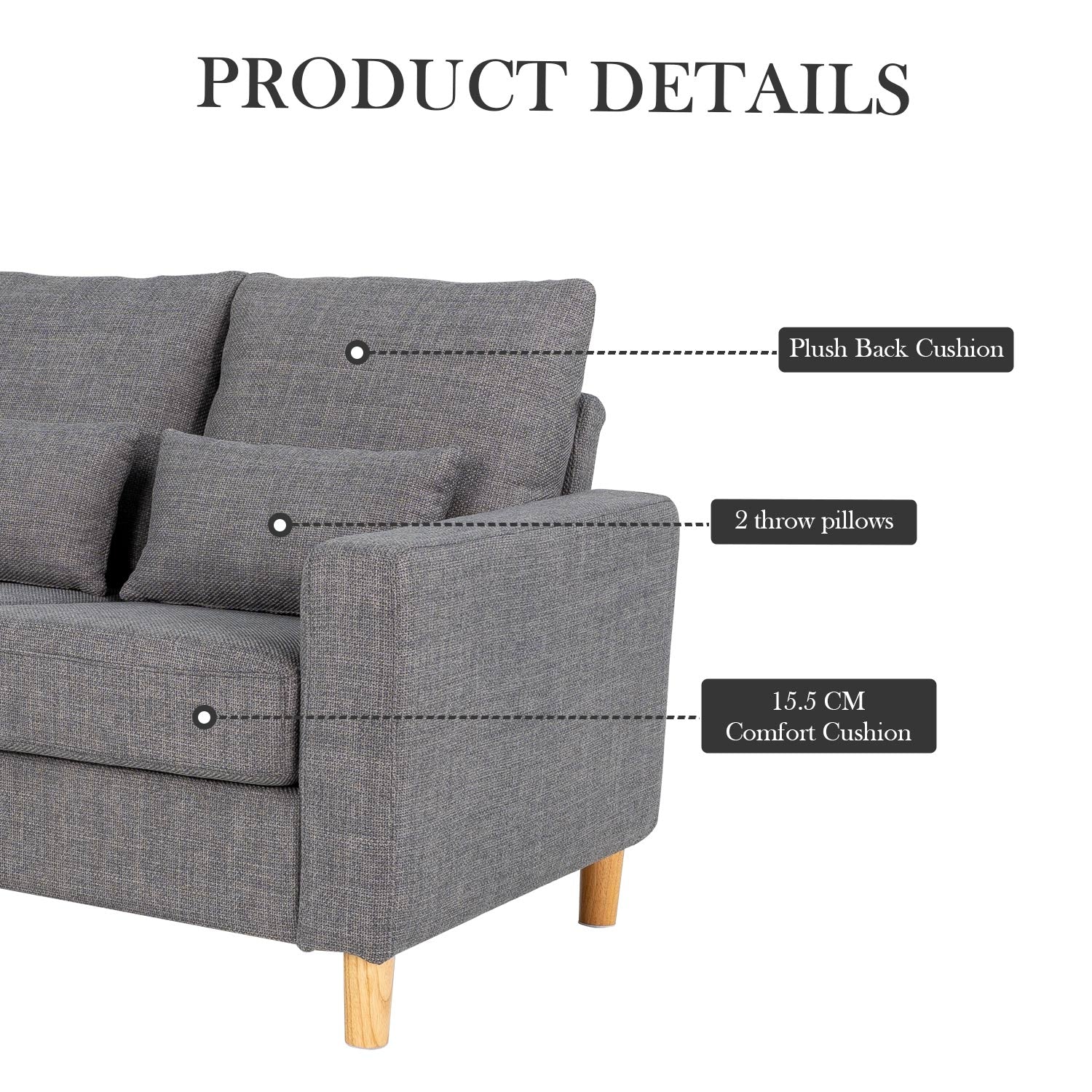 Hroth 2 Seater Sofa,Comfortable Fabric Small Sofa with Thick Cushions and 2 Pillows, Durable Couch with High Weight Capacity,Easy Assembly Sofa for Living Room, Bedroom, Office, Light Grey