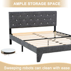 Hroth 4ft6 Double Bed Frame – Upholstered Platform Bed with Sturdy Wooden Slat Support, Linen Fabric, Cushioned Headboard, Metal-Wood Structure, Easy Assembly,Ideal for Compact Space,Dark Grey