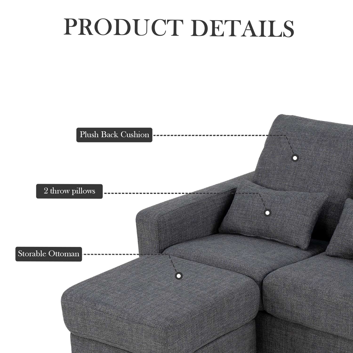 Hroth 2 Seater Sofa with Ottoman,Grey Fabric Sofa with Thickened Cushions, 2 Pillows,Durable L Shape Loveseat for Living Room, Bedroom, Office, Dark Grey