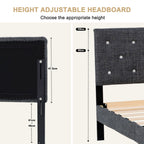 Hroth 4ft6 Double Bed Frame – Upholstered Platform Bed with Sturdy Wooden Slat Support, Linen Fabric, Cushioned Headboard, Metal-Wood Structure, Easy Assembly,Ideal for Compact Space,Dark Grey