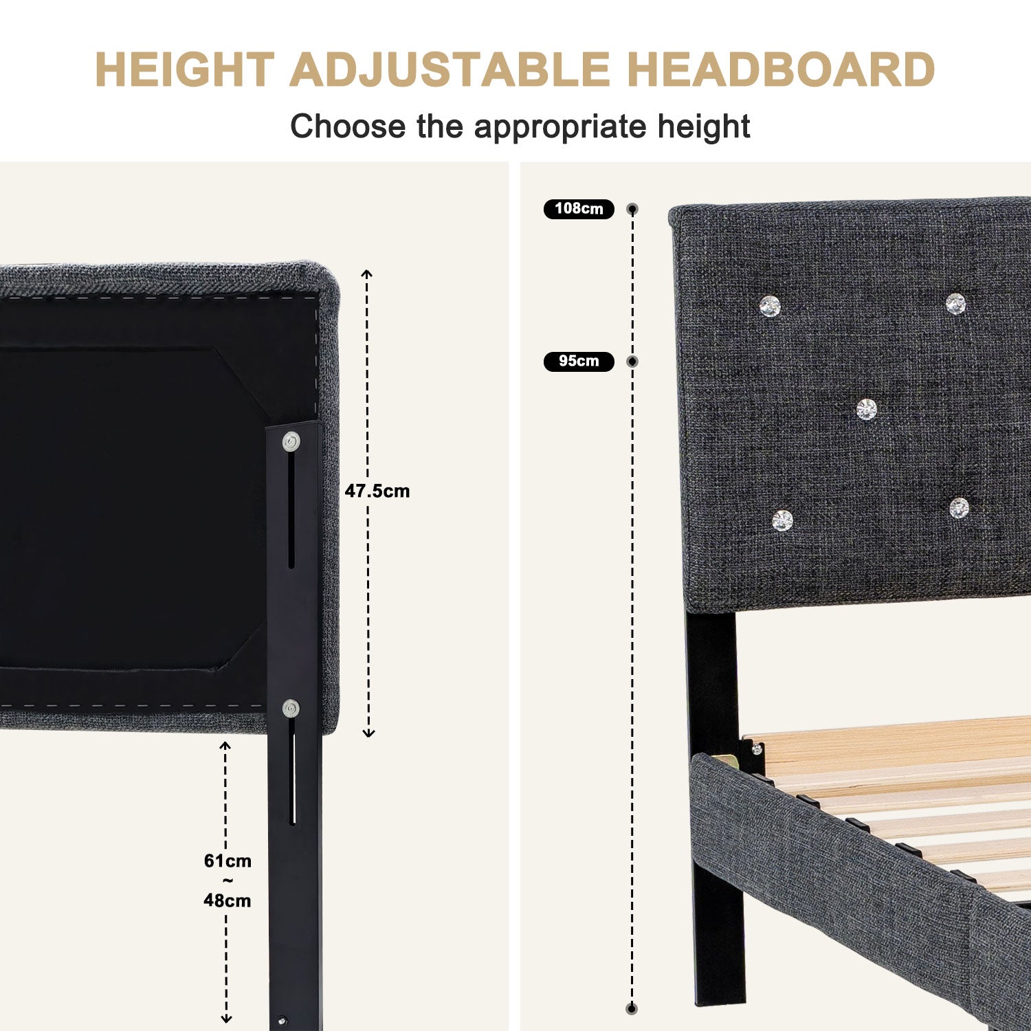 Hroth 4ft6 Double Bed Frame – Upholstered Platform Bed with Sturdy Wooden Slat Support, Linen Fabric, Cushioned Headboard, Metal-Wood Structure, Easy Assembly,Ideal for Compact Space,Dark Grey