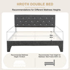 Hroth 4ft6 Double Bed Frame – Upholstered Platform Bed with Sturdy Wooden Slat Support, Linen Fabric, Cushioned Headboard, Metal-Wood Structure, Easy Assembly,Ideal for Compact Space,Dark Grey