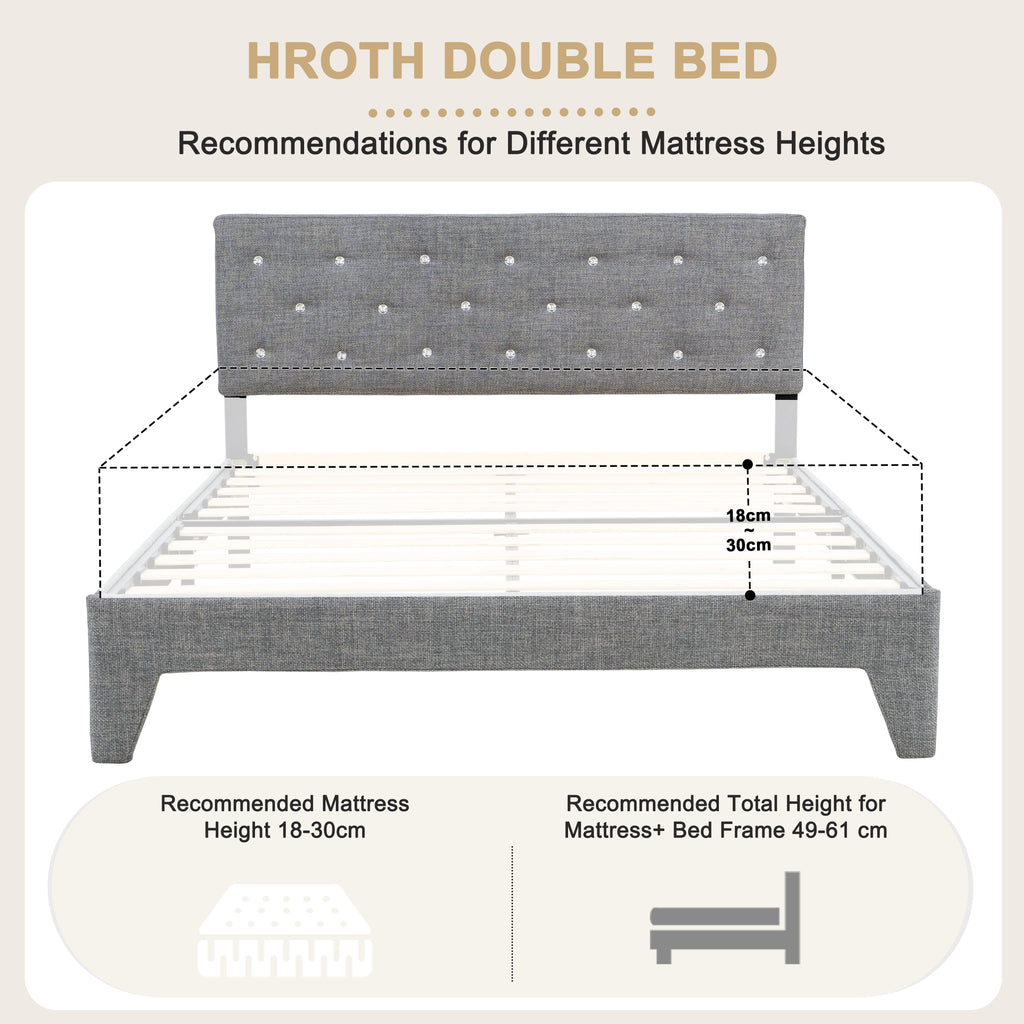 Hroth 4ft6 Headboard Double Bed – Upholstered Bed Frame with Sturdy Wooden Slat Support, Grey Bed Metal Frame, Easy Assembly,Ideal for Compact Space,Light Grey